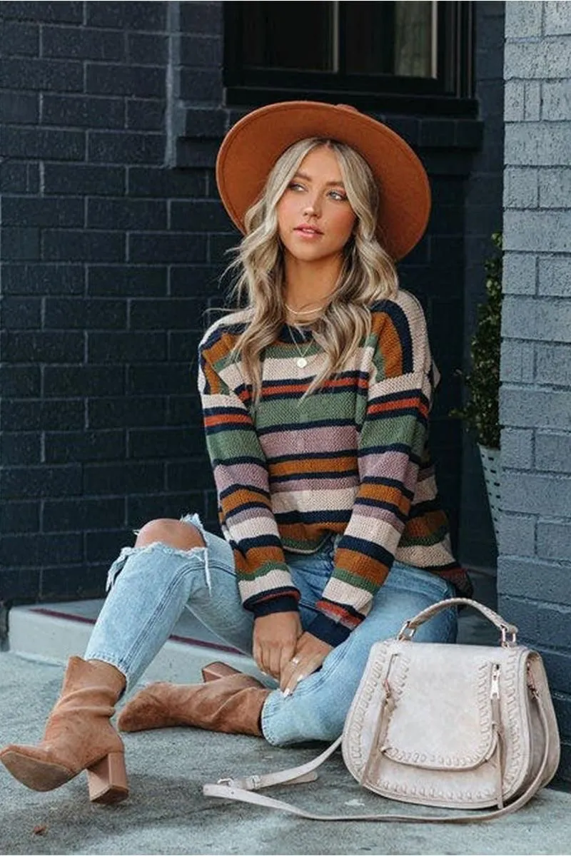 COLORED STRIPE KNIT SWEATER TOP