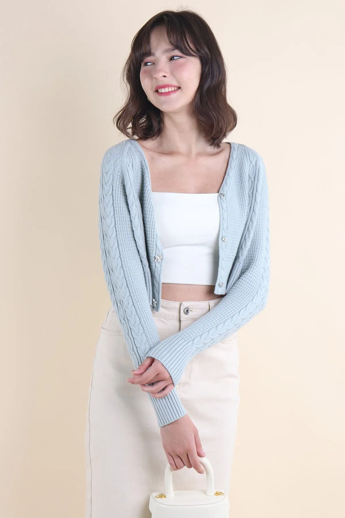 DANIELLE WEAVED CARDIGAN IN MINT BLUE