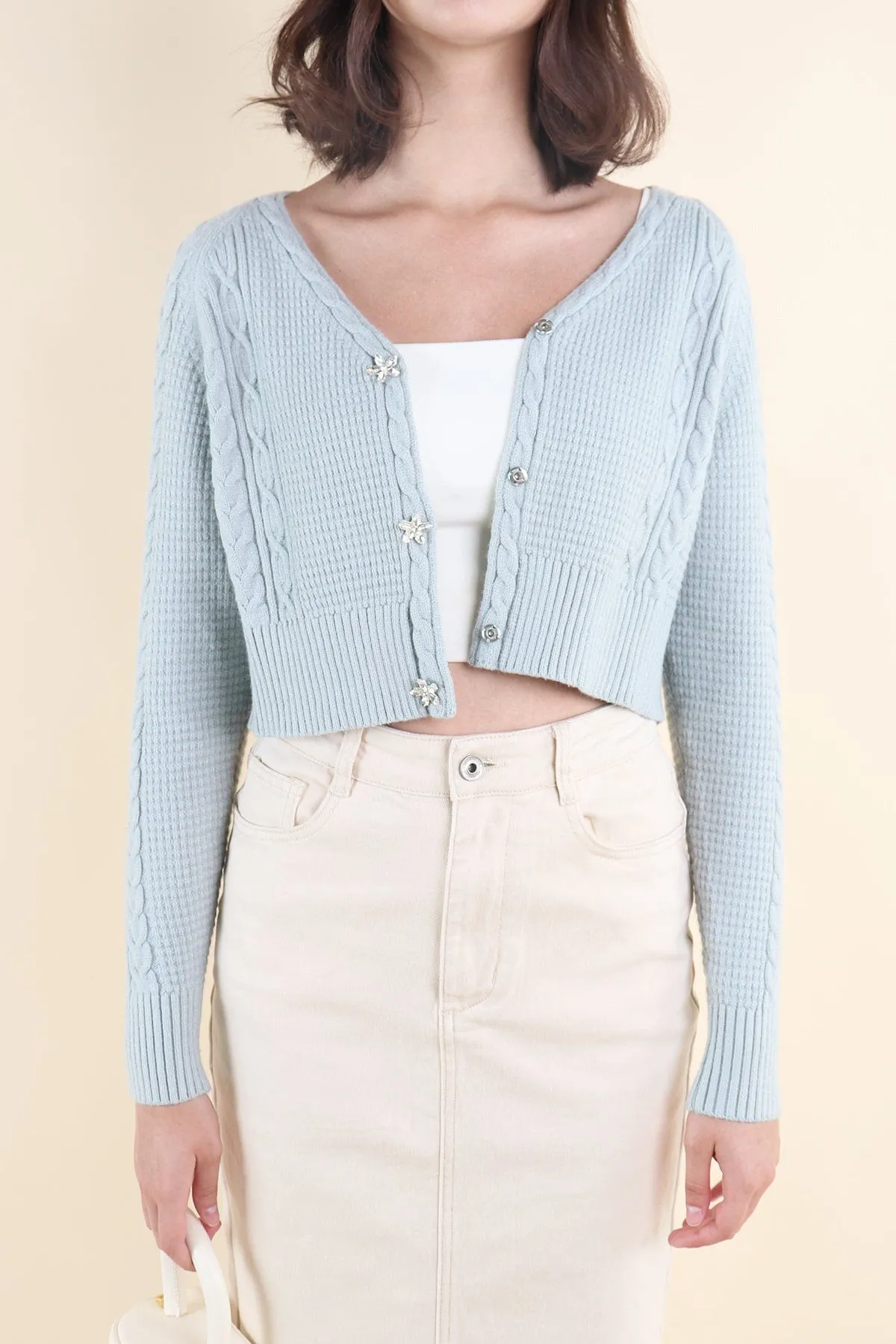 DANIELLE WEAVED CARDIGAN IN MINT BLUE