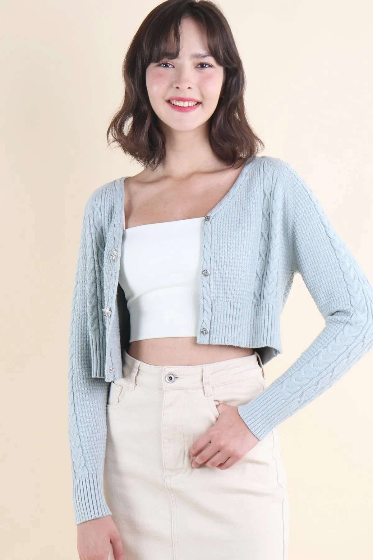 DANIELLE WEAVED CARDIGAN IN MINT BLUE