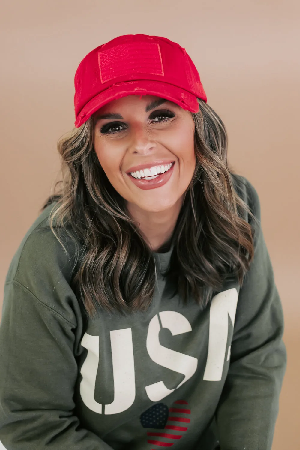 Distressed American Flag Hat ,  Red