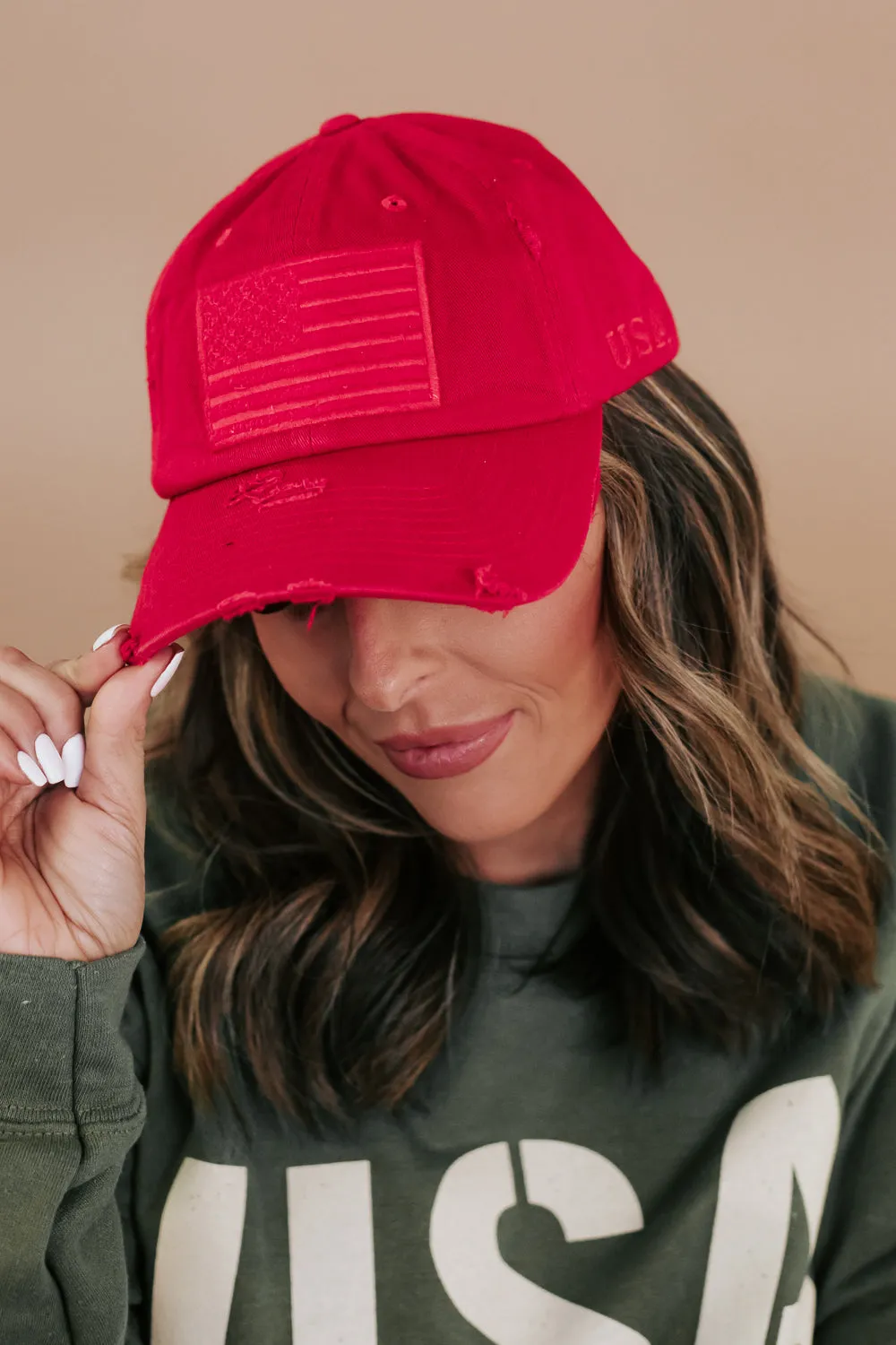 Distressed American Flag Hat ,  Red