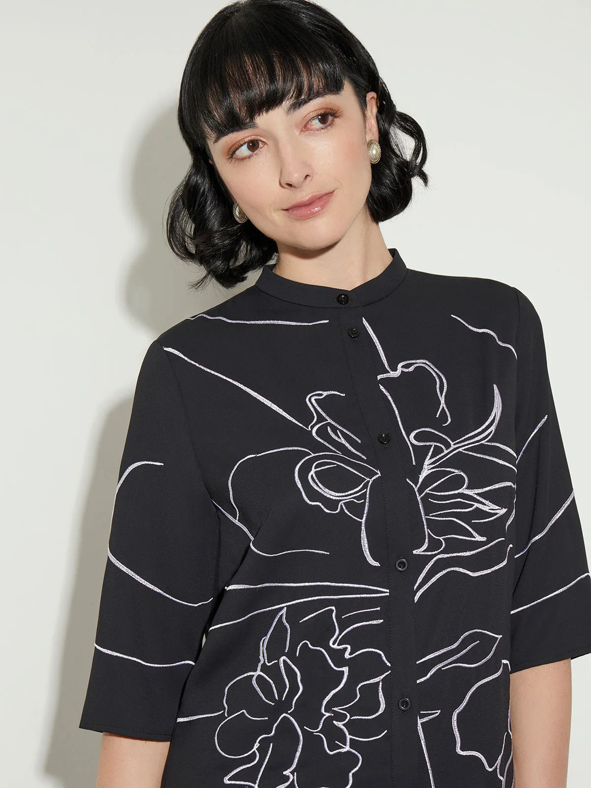 Floral Embroidery Belted Crepe de Chine Blouse