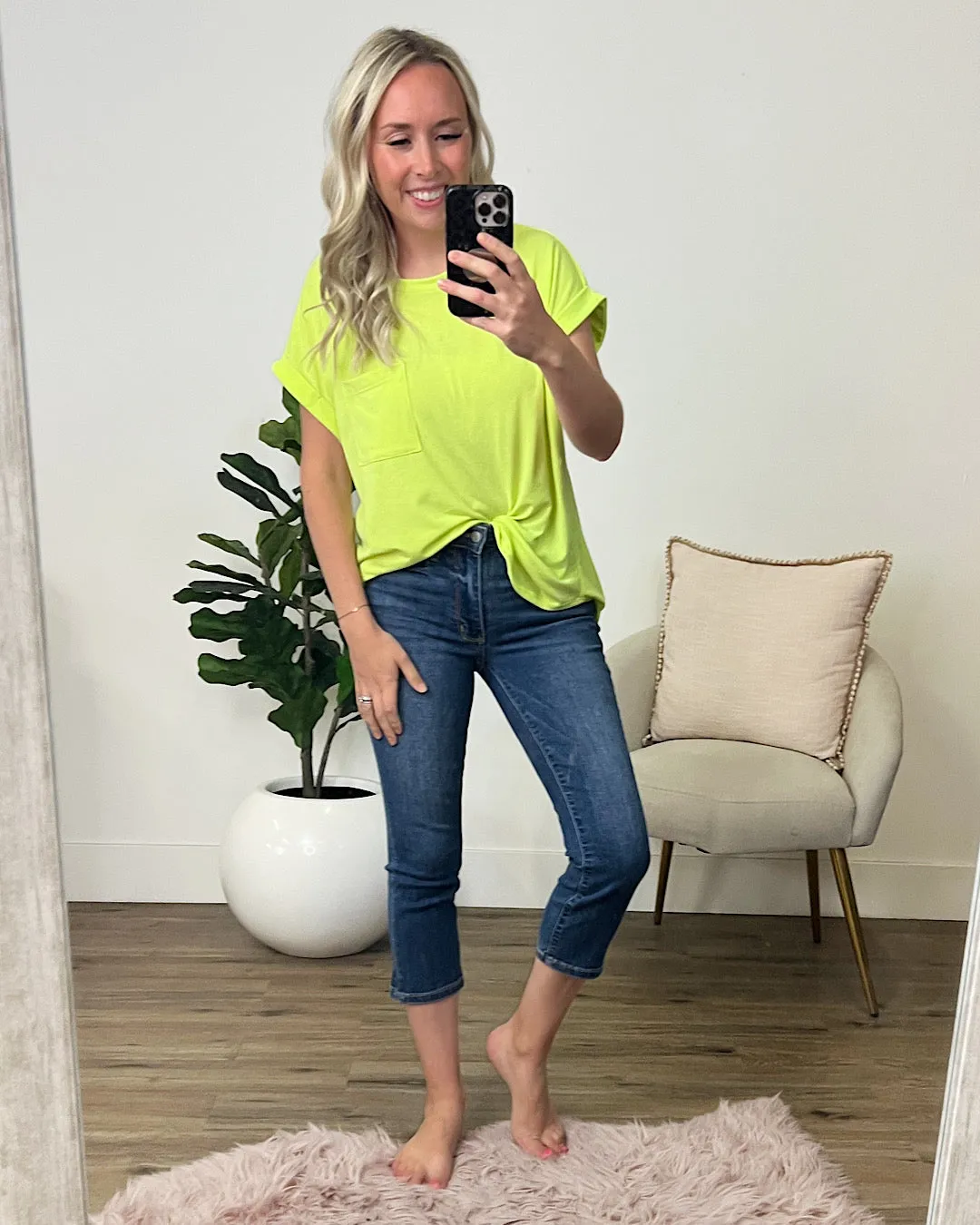 Girlfriend Roll Sleeve Pocket Top - Neon Green