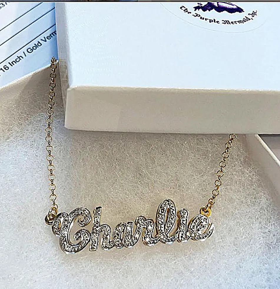 Gold 3D Double Plated Nameplate Necklace with CZ's