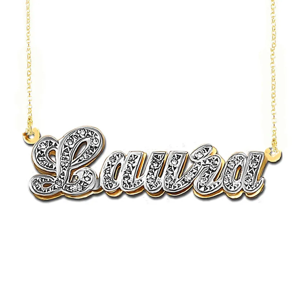 Gold 3D Double Plated Nameplate Necklace with CZ's