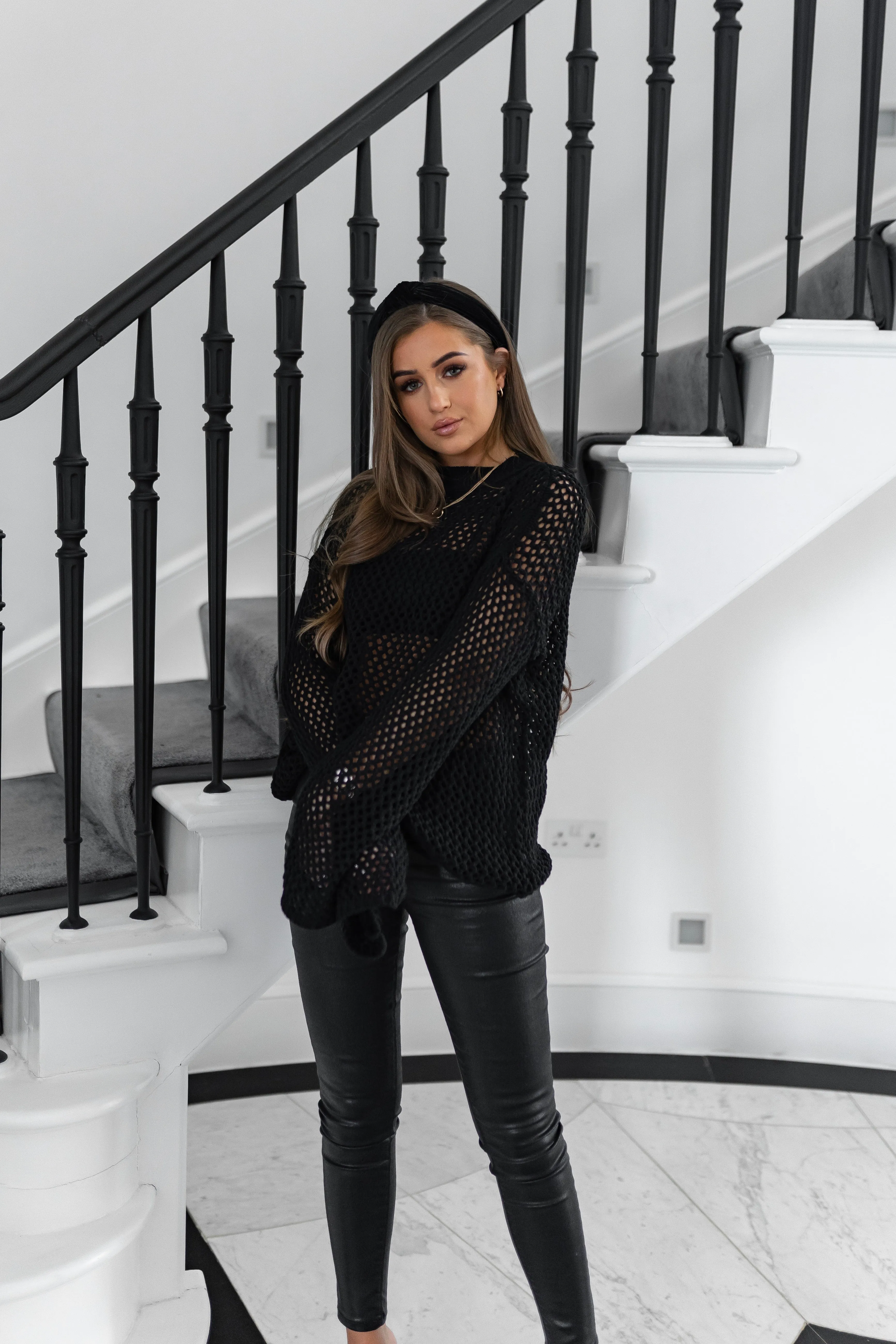 'GRACE' Crochet Style Jumper with Bell Sleeve Black - CTJ015