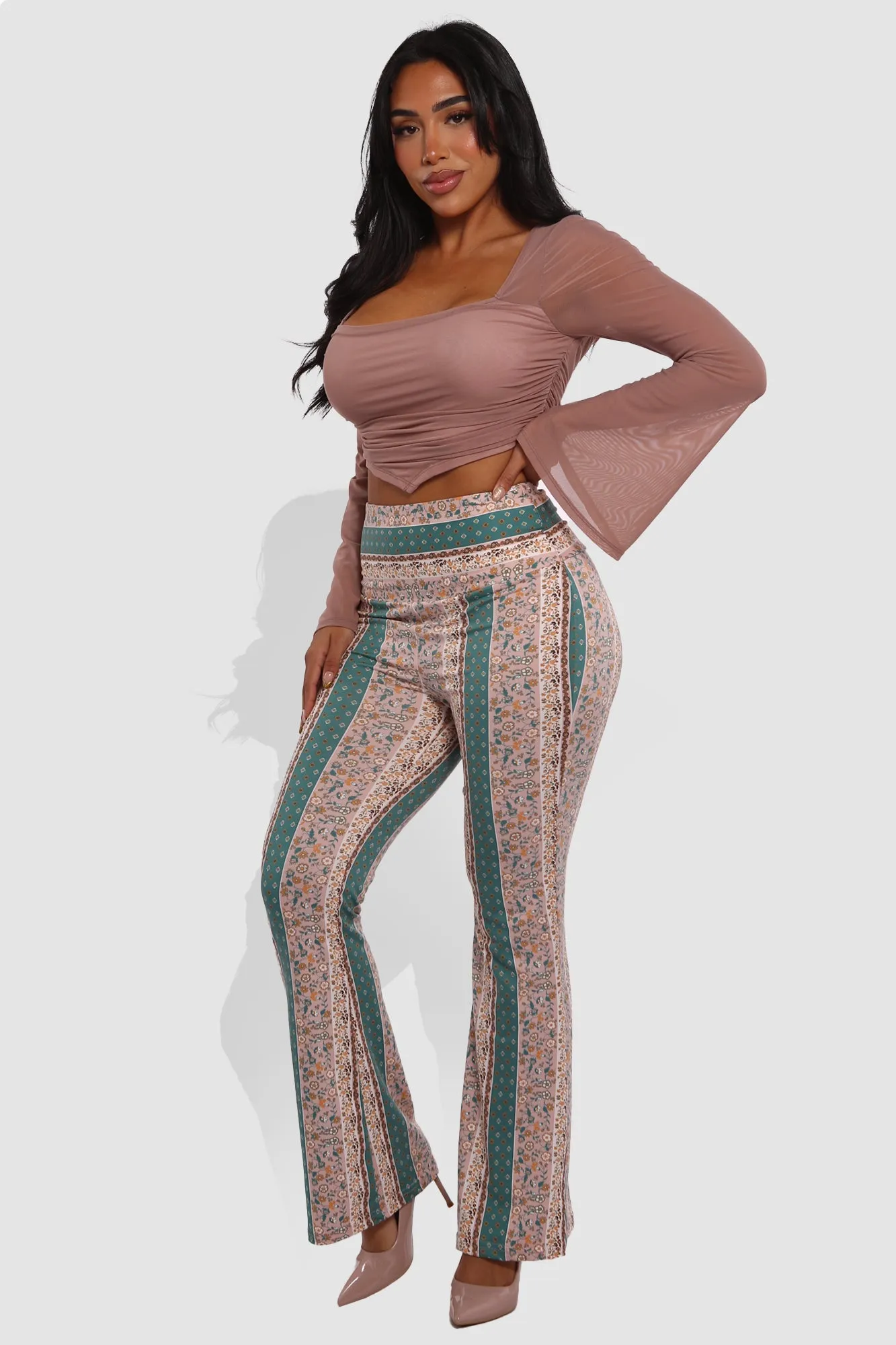 High Waist Buttery Soft Flare Palazzo Pants - Green, Soft Pink, Yellow, White Boho Print