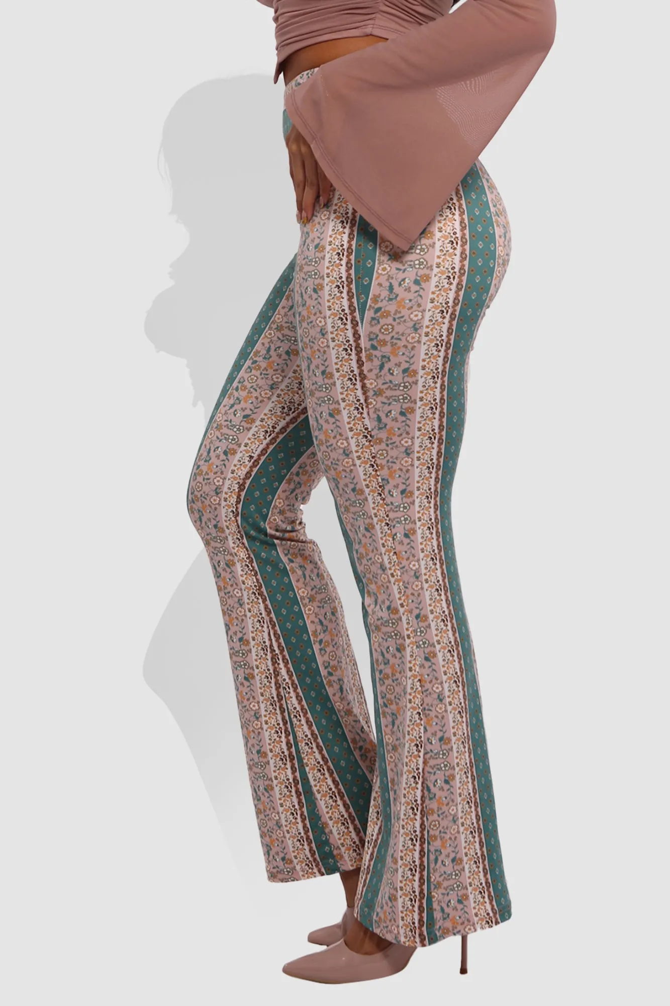 High Waist Buttery Soft Flare Palazzo Pants - Green, Soft Pink, Yellow, White Boho Print