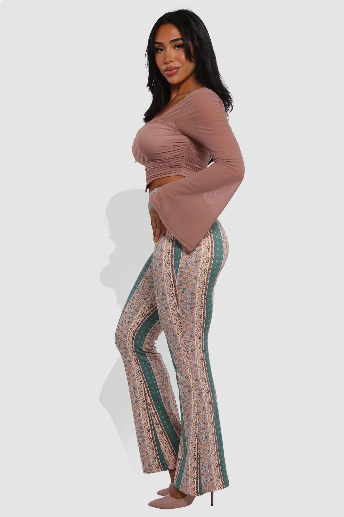 High Waist Buttery Soft Flare Palazzo Pants - Green, Soft Pink, Yellow, White Boho Print