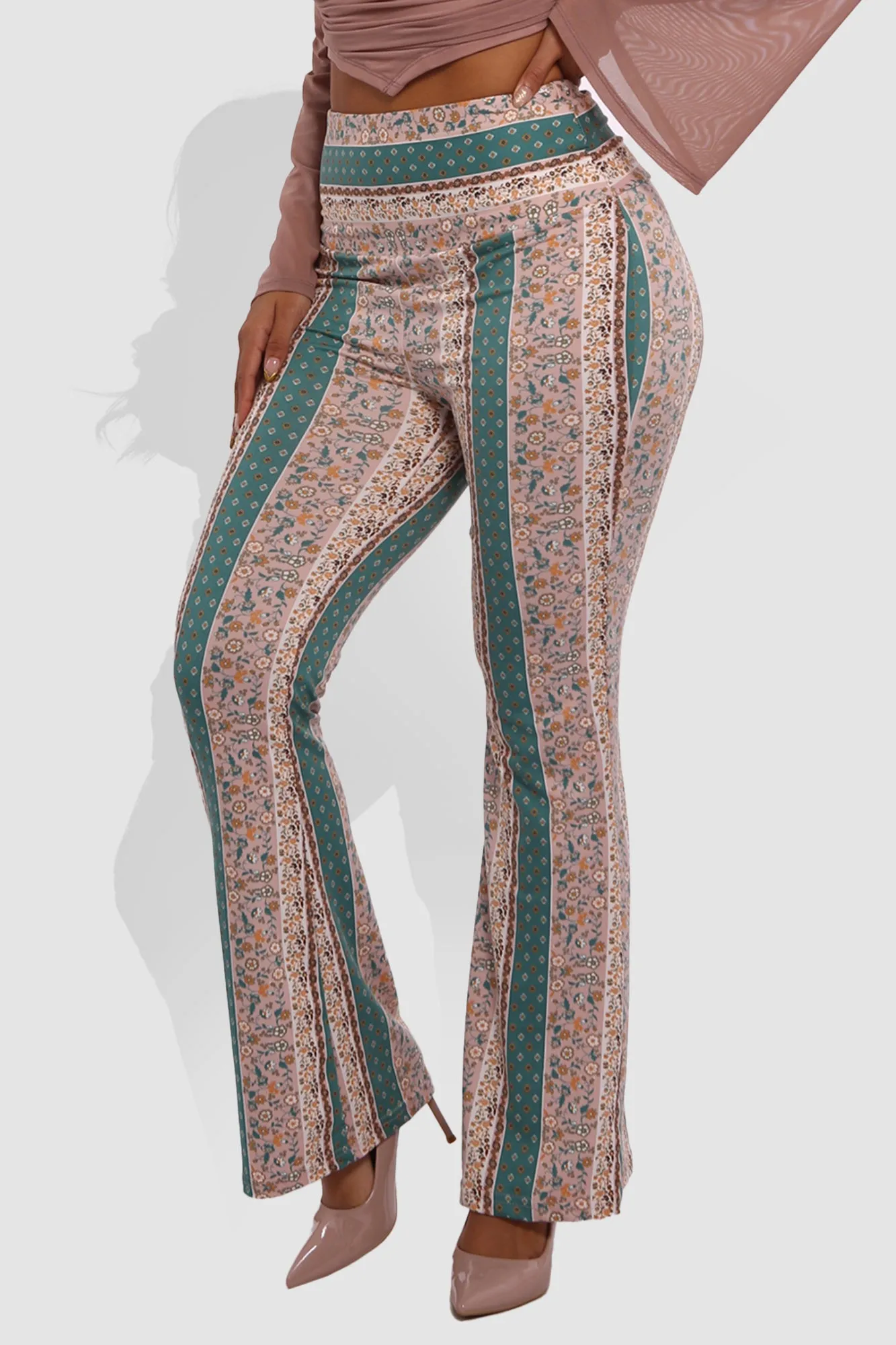 High Waist Buttery Soft Flare Palazzo Pants - Green, Soft Pink, Yellow, White Boho Print