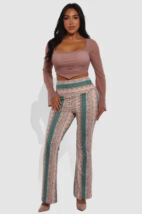 High Waist Buttery Soft Flare Palazzo Pants - Green, Soft Pink, Yellow, White Boho Print