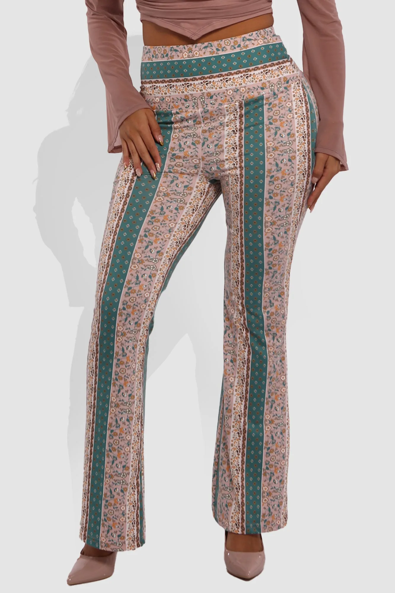 High Waist Buttery Soft Flare Palazzo Pants - Green, Soft Pink, Yellow, White Boho Print