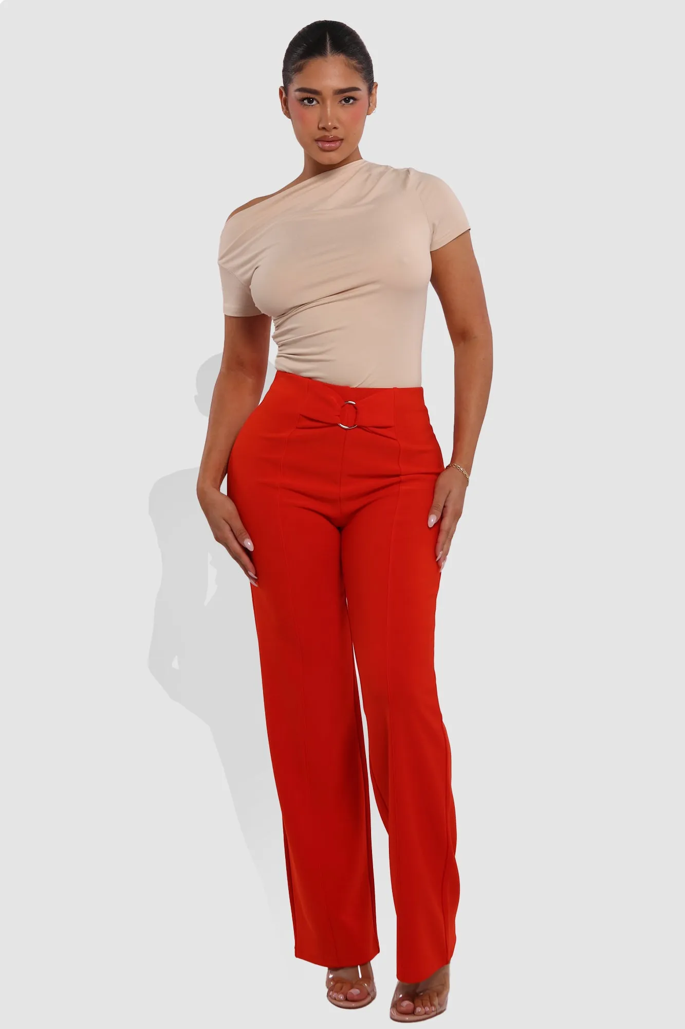 High Waist Straight Leg Pants With O-Ring Buckle Waist Detail - Vermilion