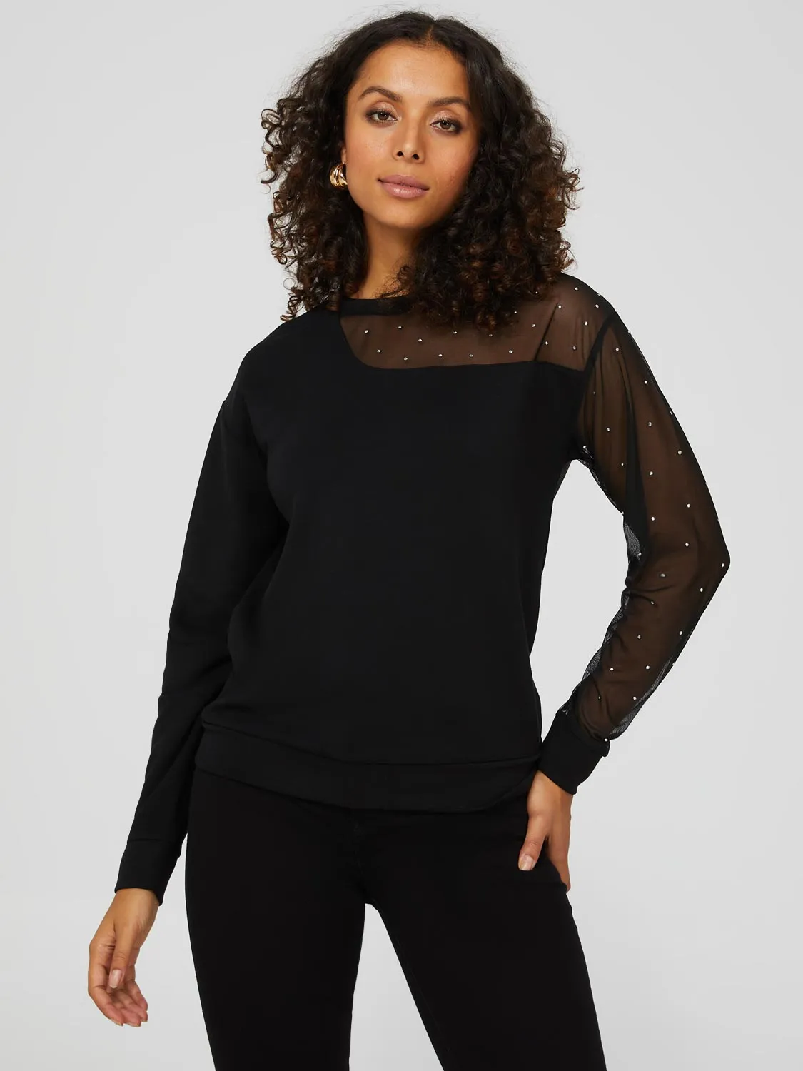 Jersey Sweatshirt With Rhinestone Mesh Sleeve