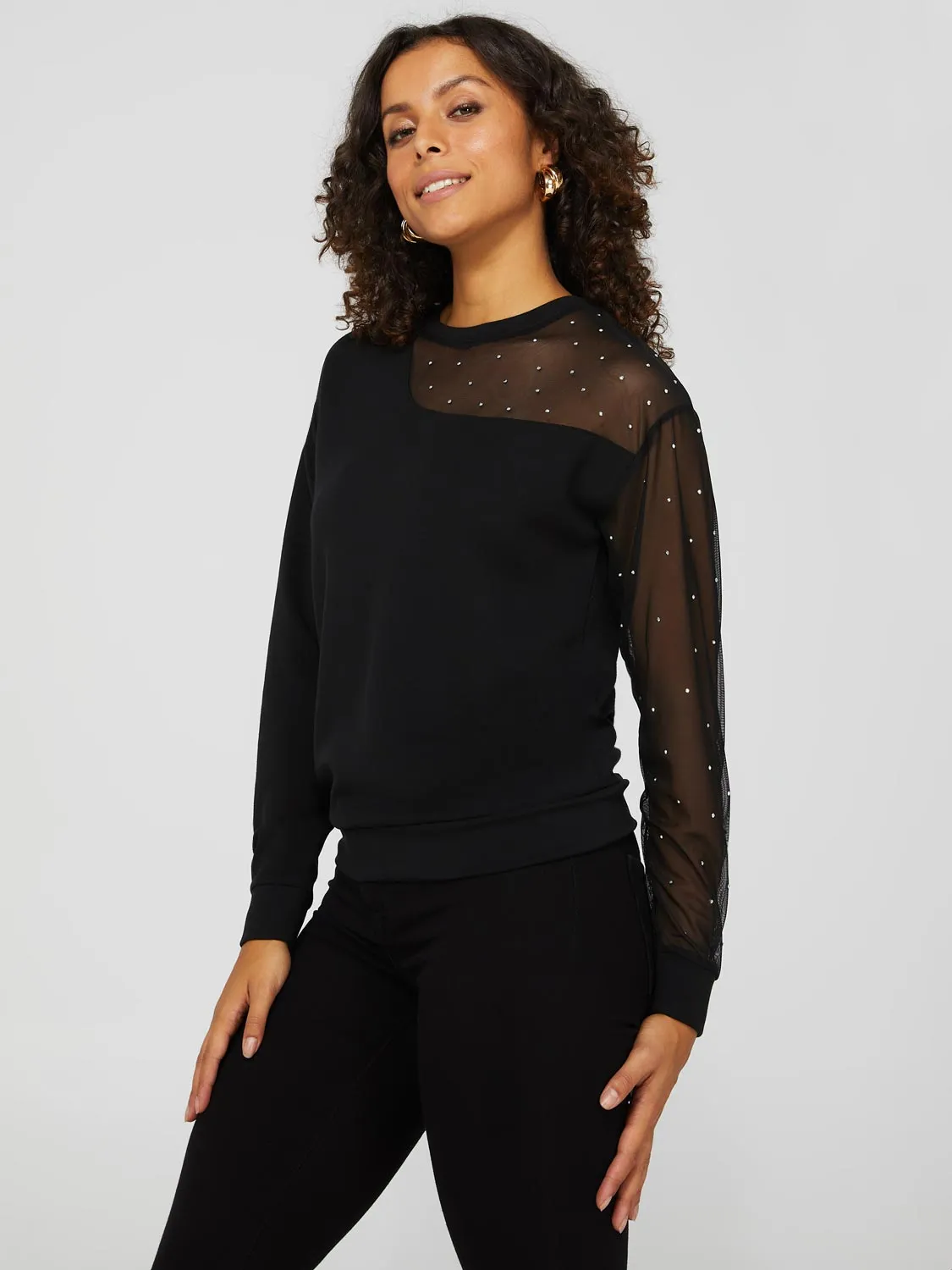 Jersey Sweatshirt With Rhinestone Mesh Sleeve