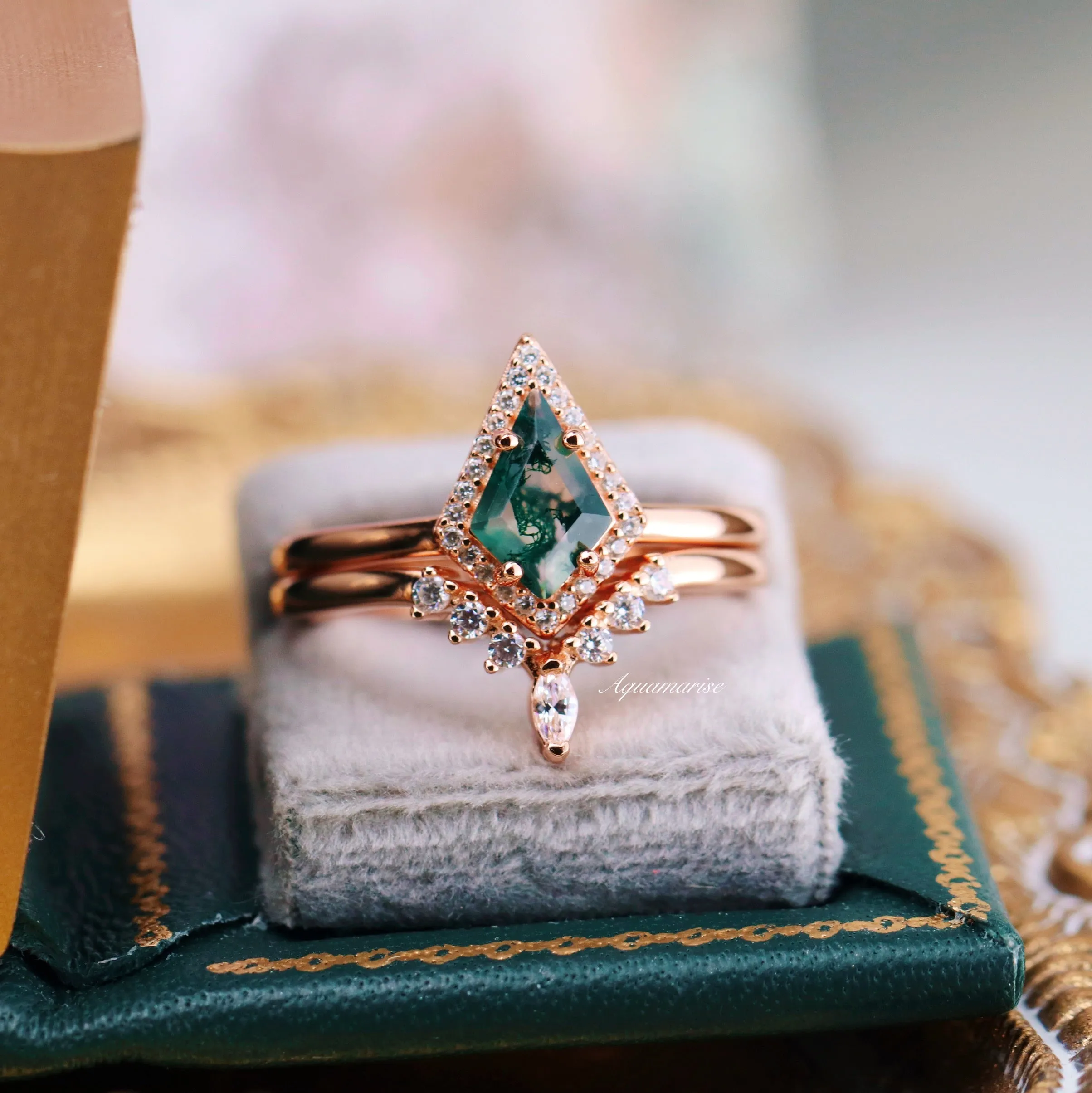 Kite Green Moss Agate Ring Set- 14K Rose Gold Vermeil