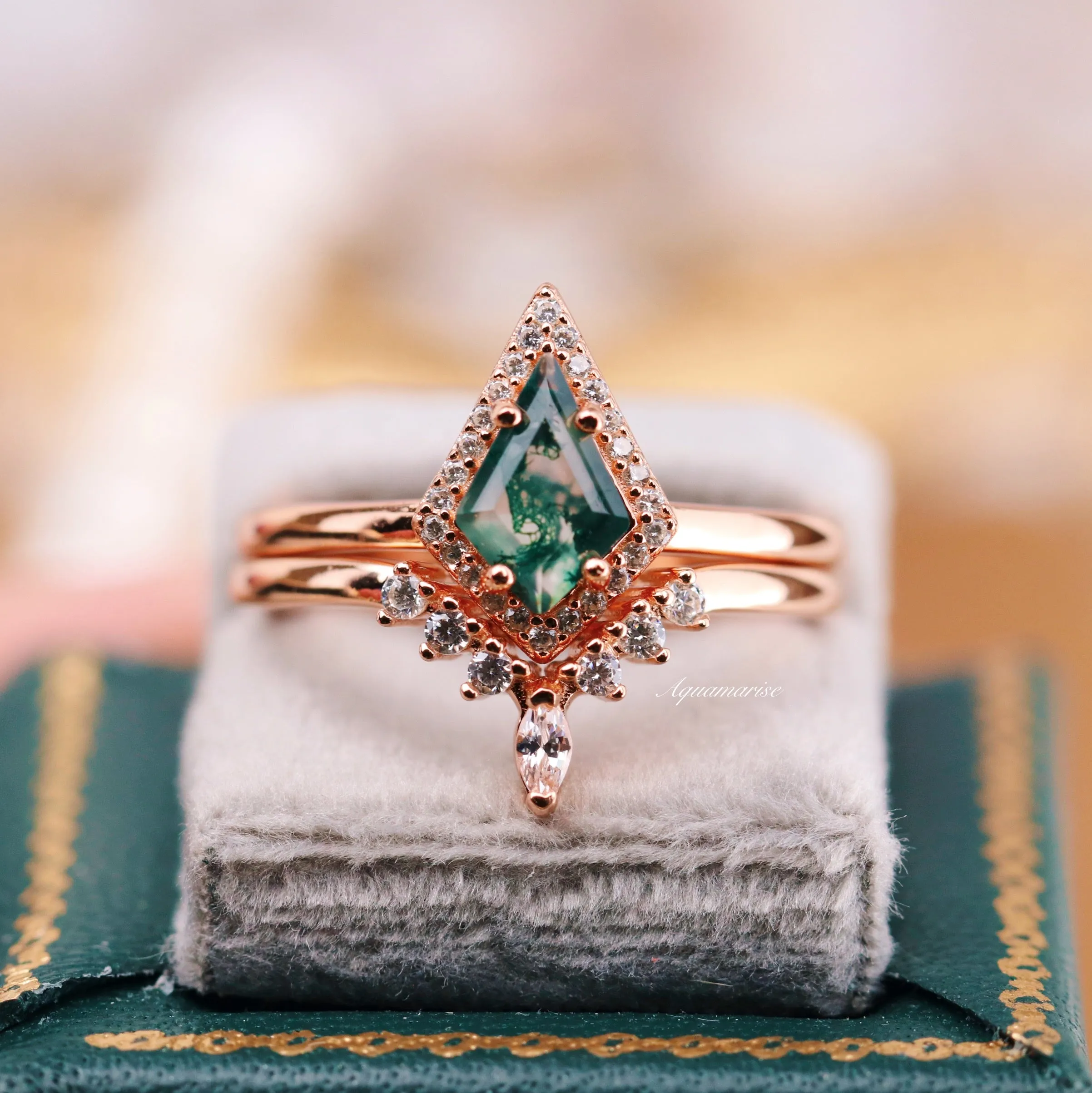 Kite Green Moss Agate Ring Set- 14K Rose Gold Vermeil