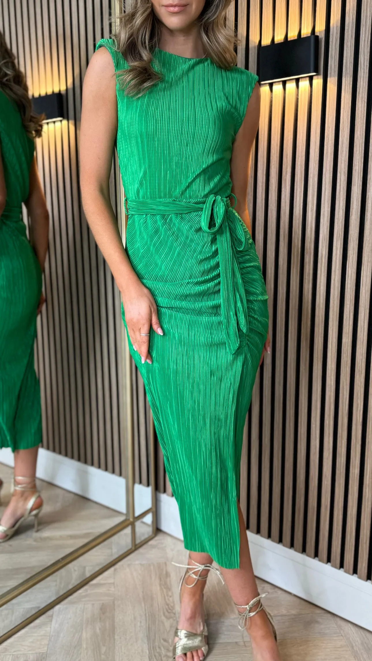 Kyomi Green Ruched Seamed Midi Dress