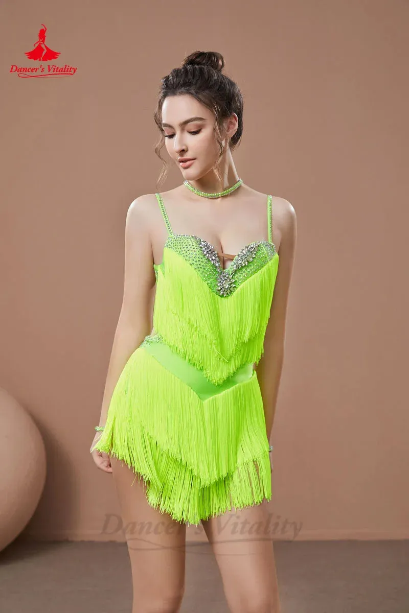 Latin Dance Fringe Dress for Women Seinor AB Stones Rumba Chacha Tango Performance Costume Skirt Adult Child Latin Wear Dresses