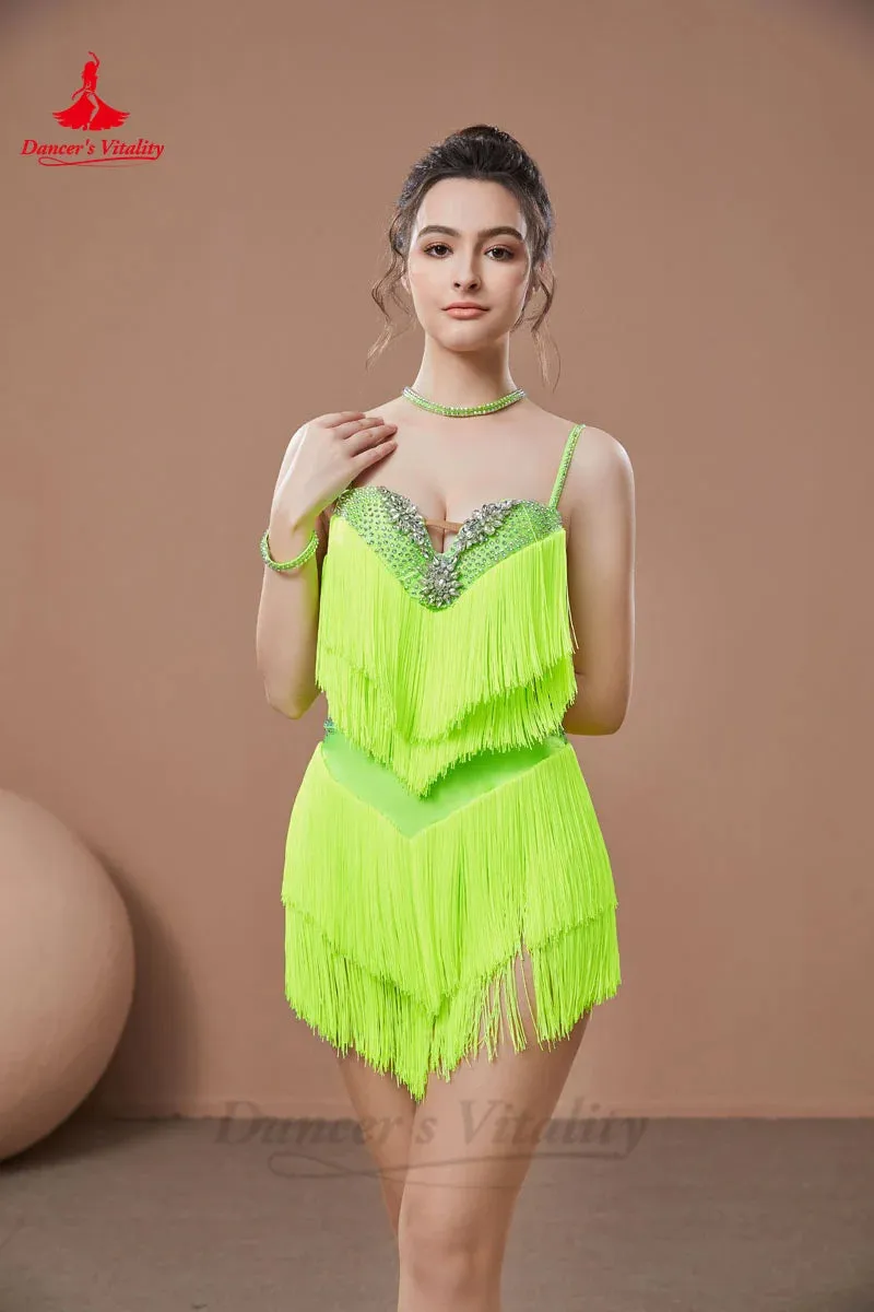 Latin Dance Fringe Dress for Women Seinor AB Stones Rumba Chacha Tango Performance Costume Skirt Adult Child Latin Wear Dresses