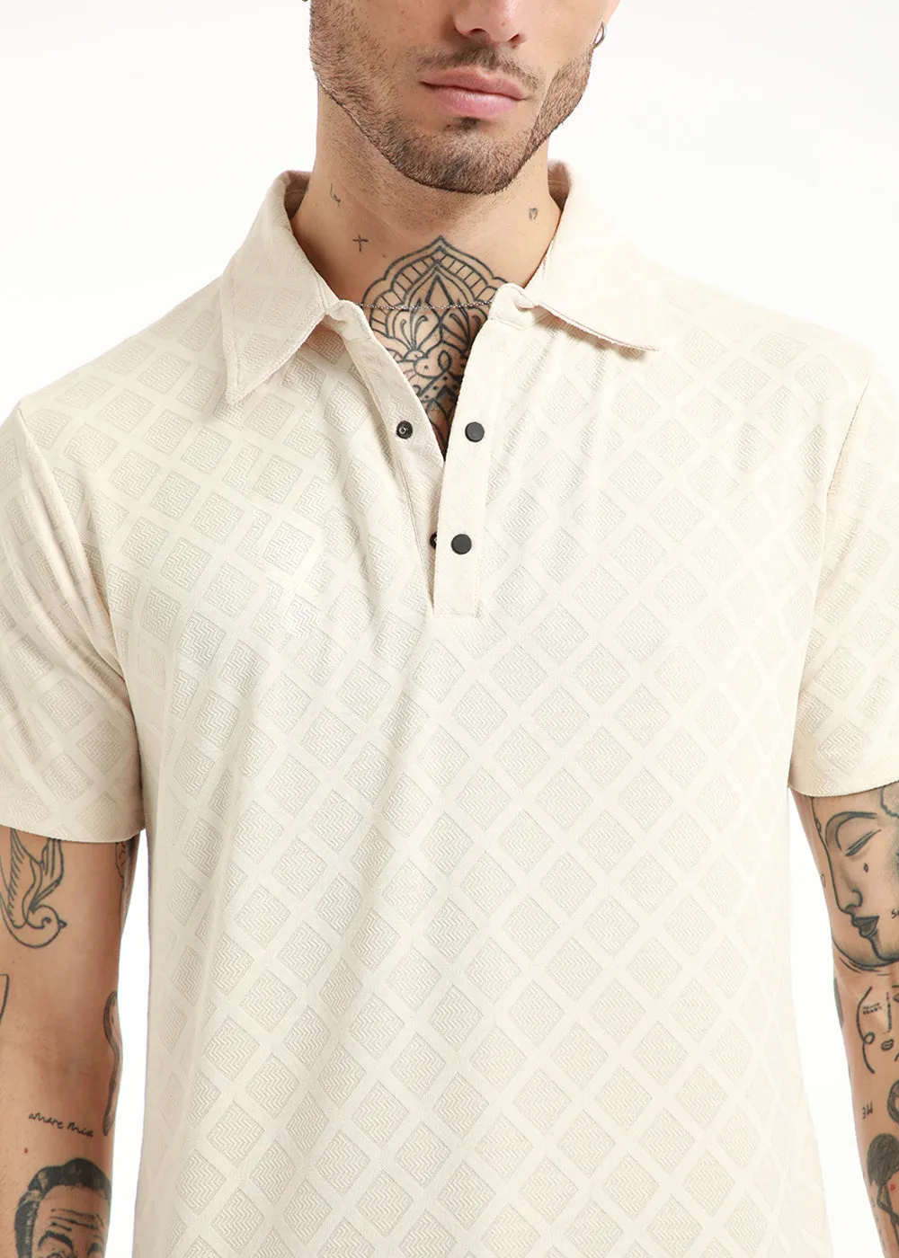 Lattice Print Off White Polo T-shirt