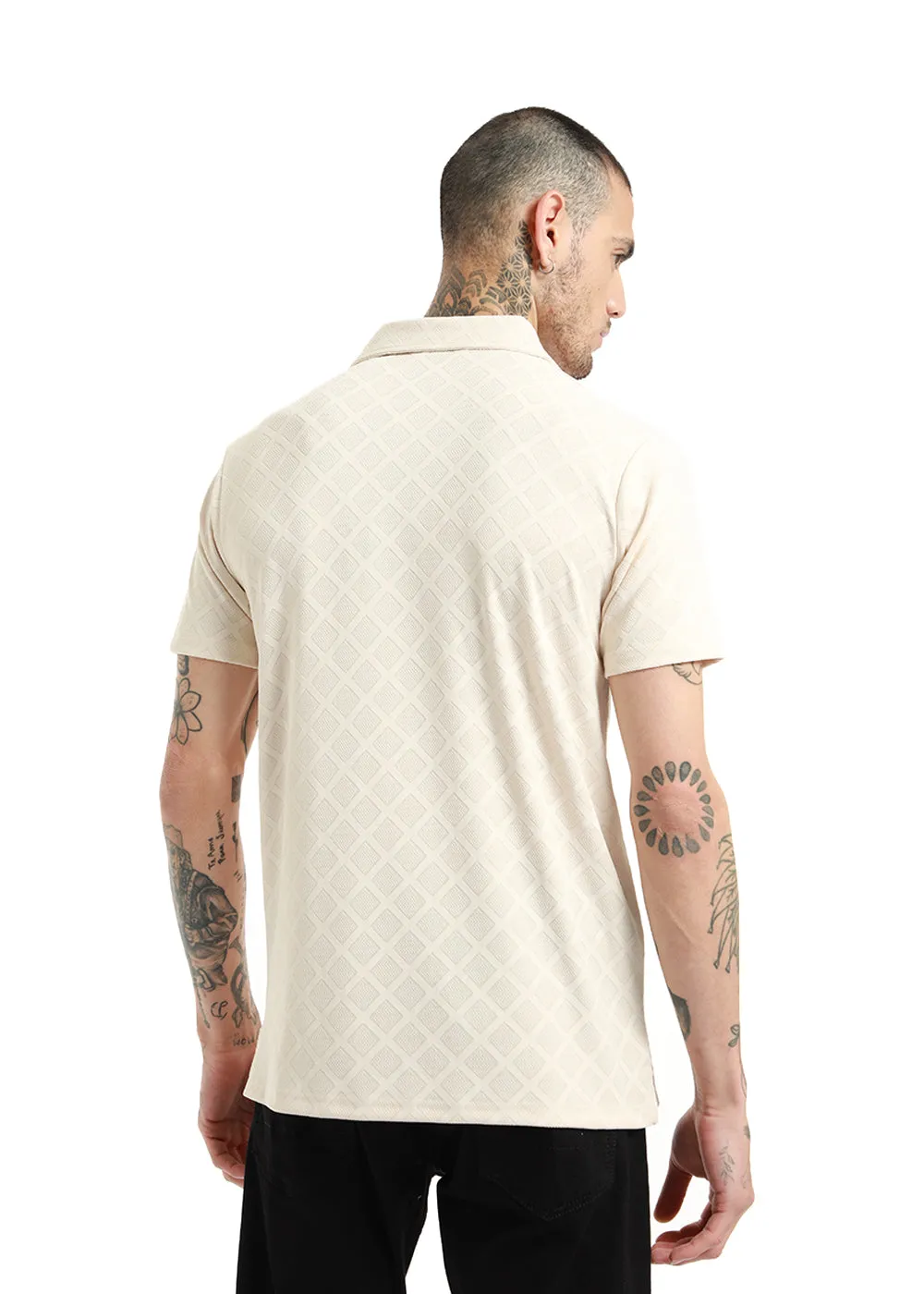 Lattice Print Off White Polo T-shirt