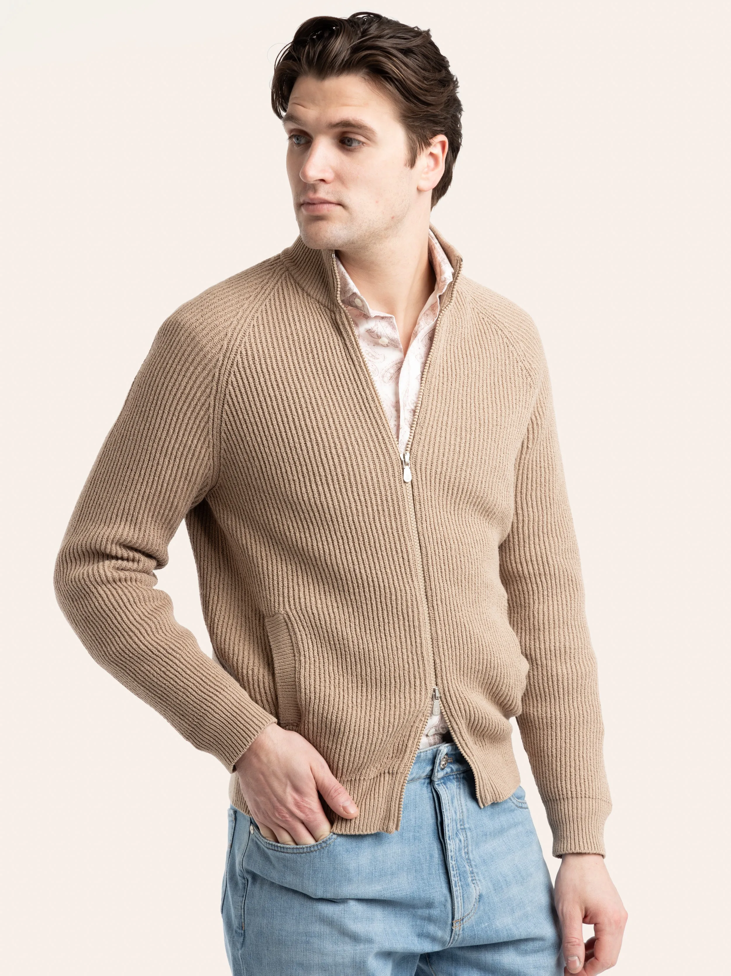 Light Brown Malfilé English Rib Full Zip Cardigan