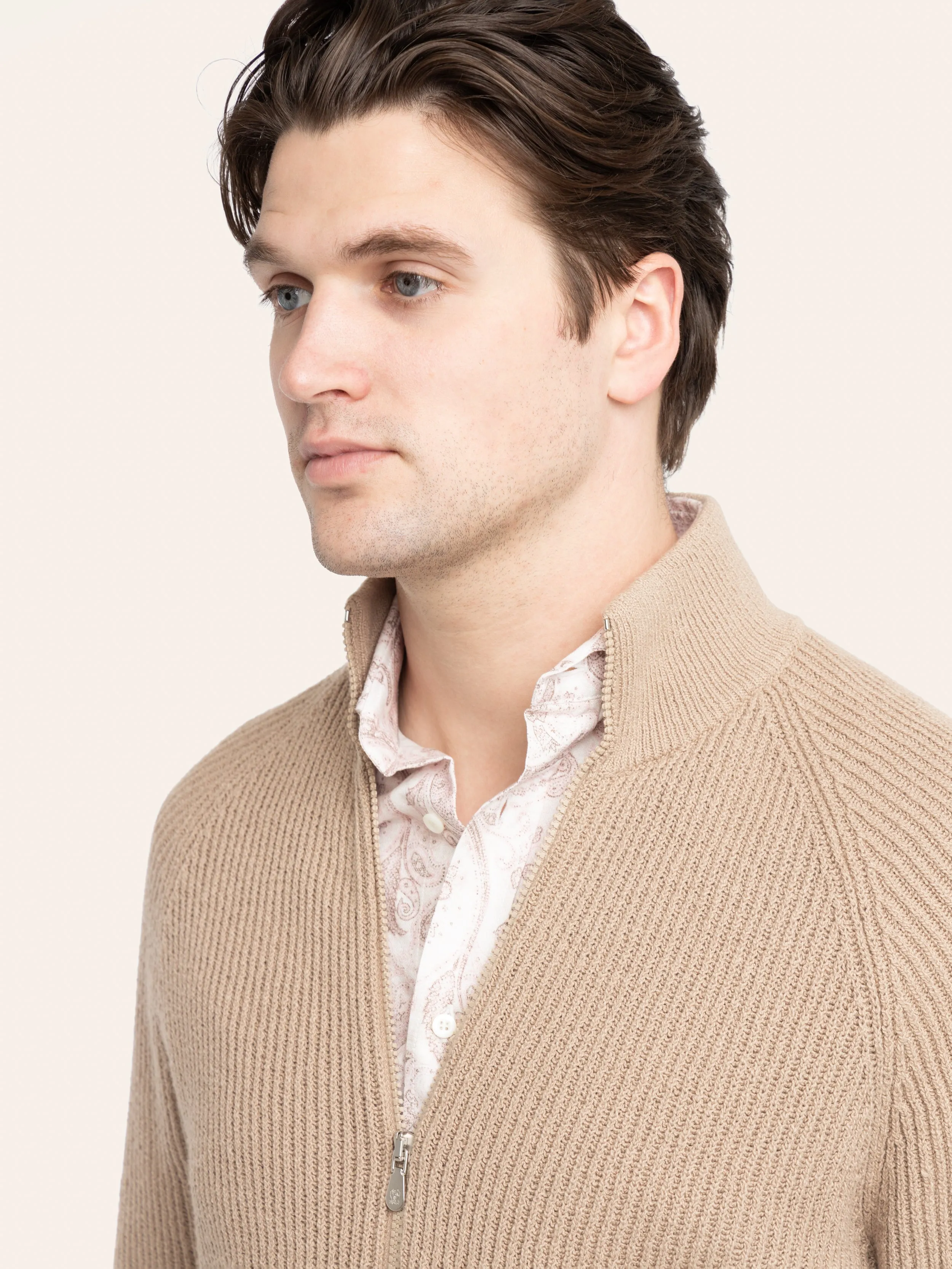 Light Brown Malfilé English Rib Full Zip Cardigan