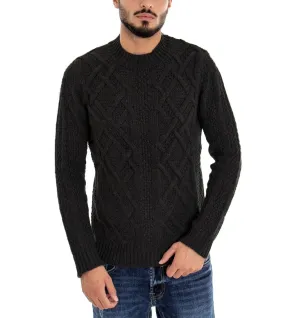 Maglioncino Uomo Maglia Girocollo Pullover Maglione Nero Trecce GIOSAL-M1867A