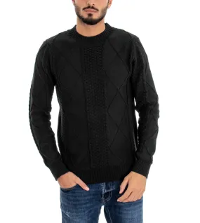 Maglioncino Uomo Maglia Girocollo Pullover Nero Trama Intrecciata GIOSAL-M1864A