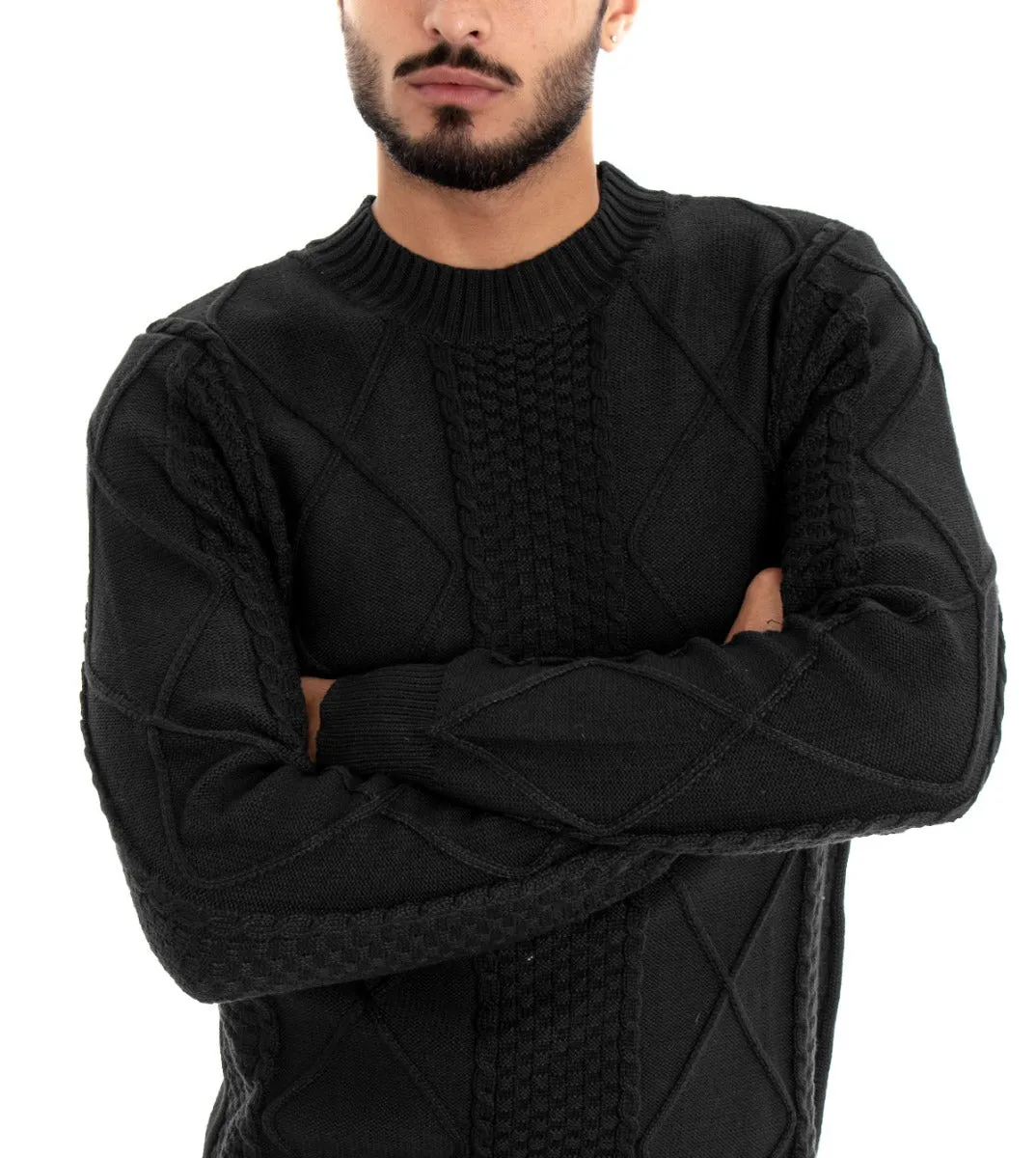 Maglioncino Uomo Maglia Girocollo Pullover Nero Trama Intrecciata GIOSAL-M1864A