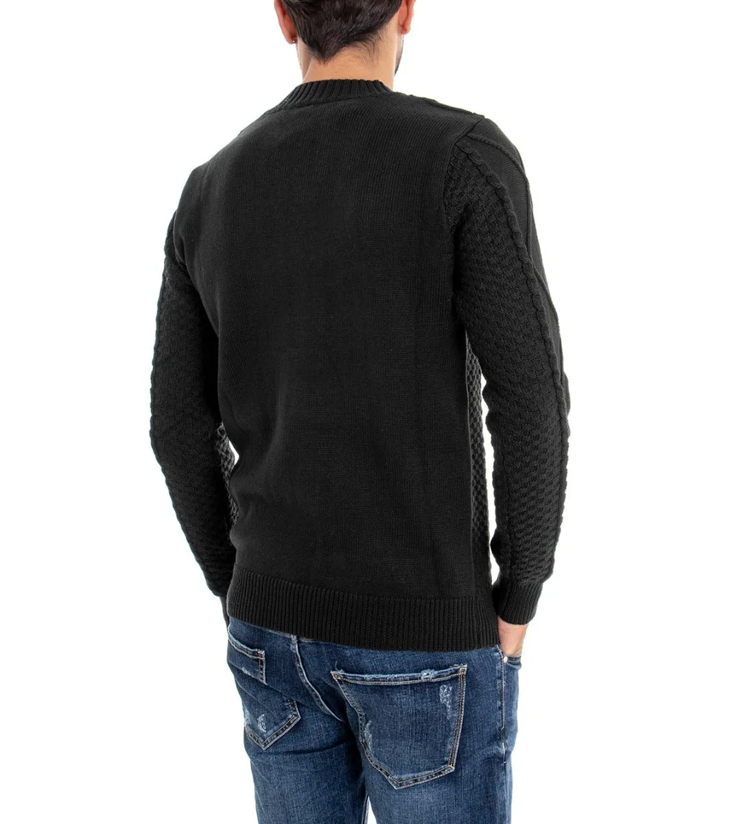 Maglioncino Uomo Maglia Girocollo Pullover Nero Trama Intrecciata GIOSAL-M1864A