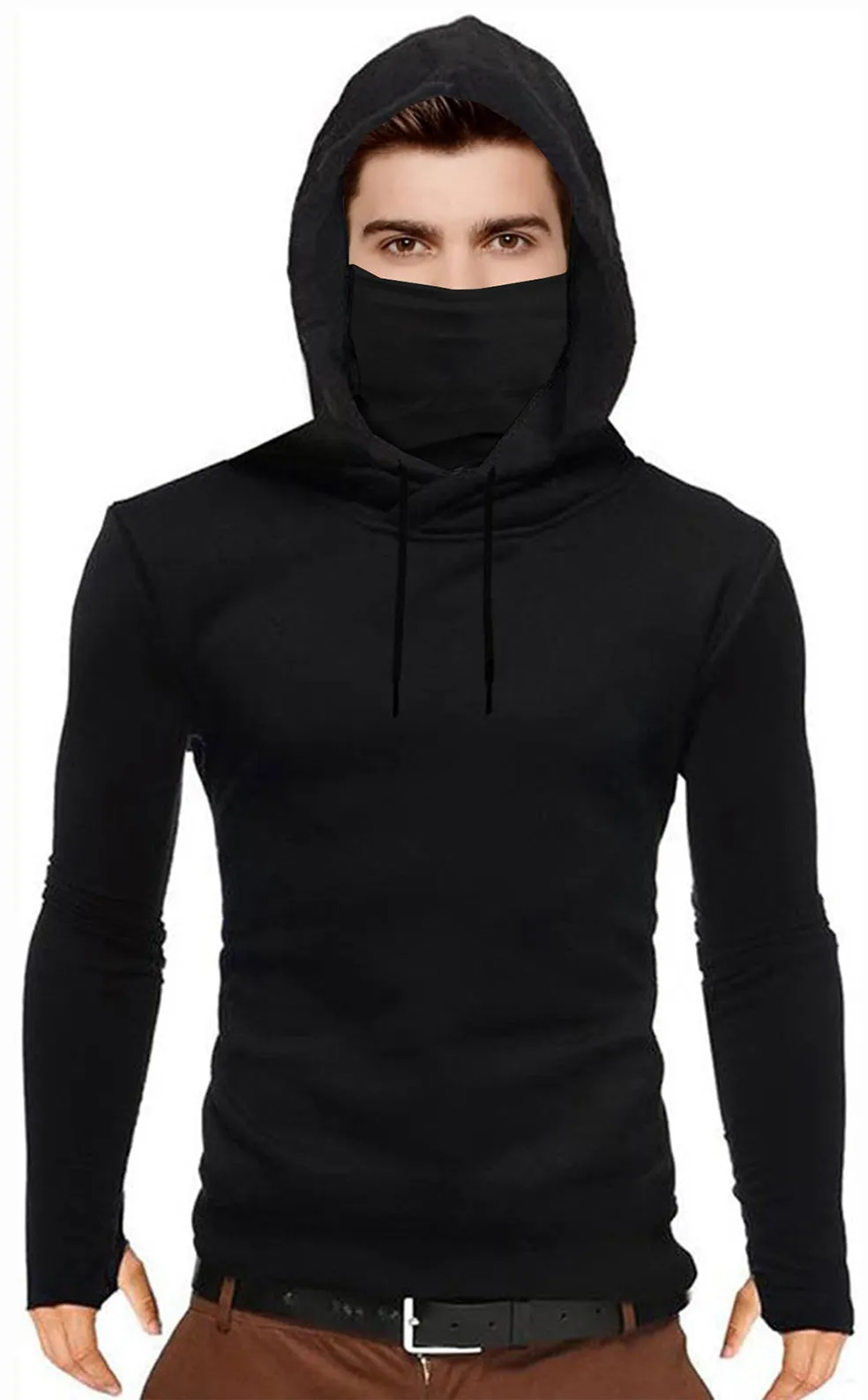 Men Full Sleeve Solid Black Hooded Mask Sweatshirt