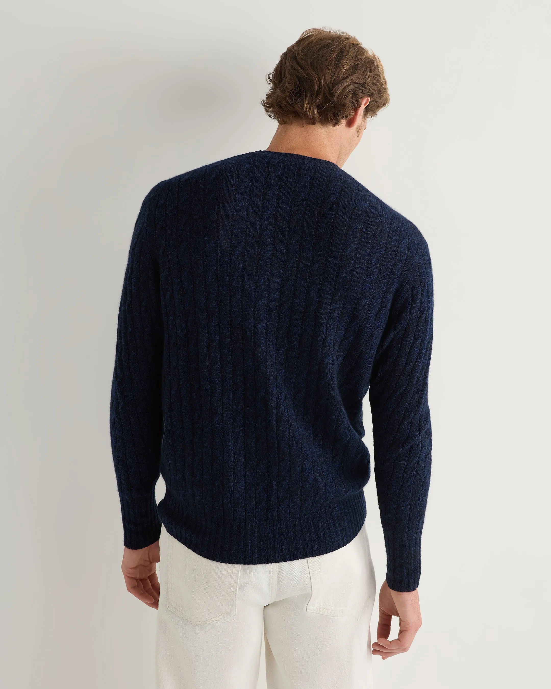 Men's Thames Cable Round Neck Cashmere Jumper Navy Blue Melange