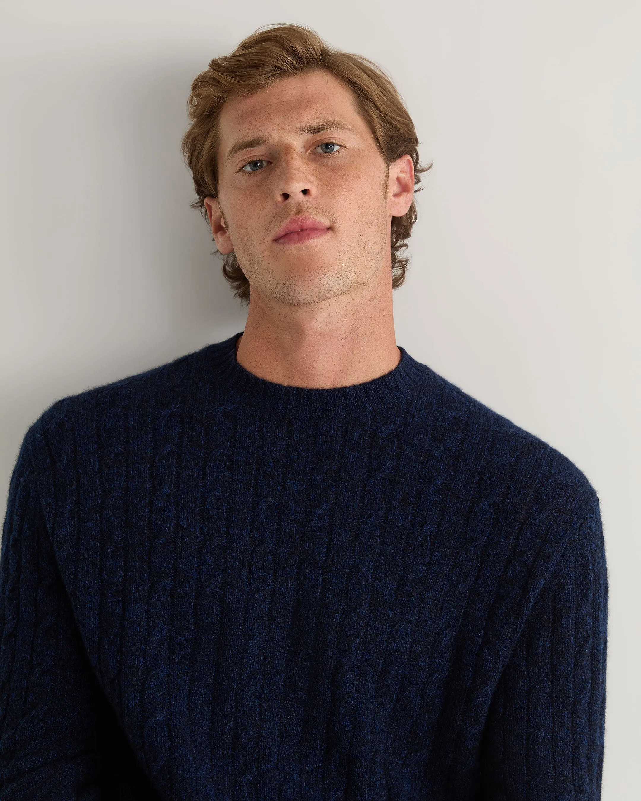 Men's Thames Cable Round Neck Cashmere Jumper Navy Blue Melange