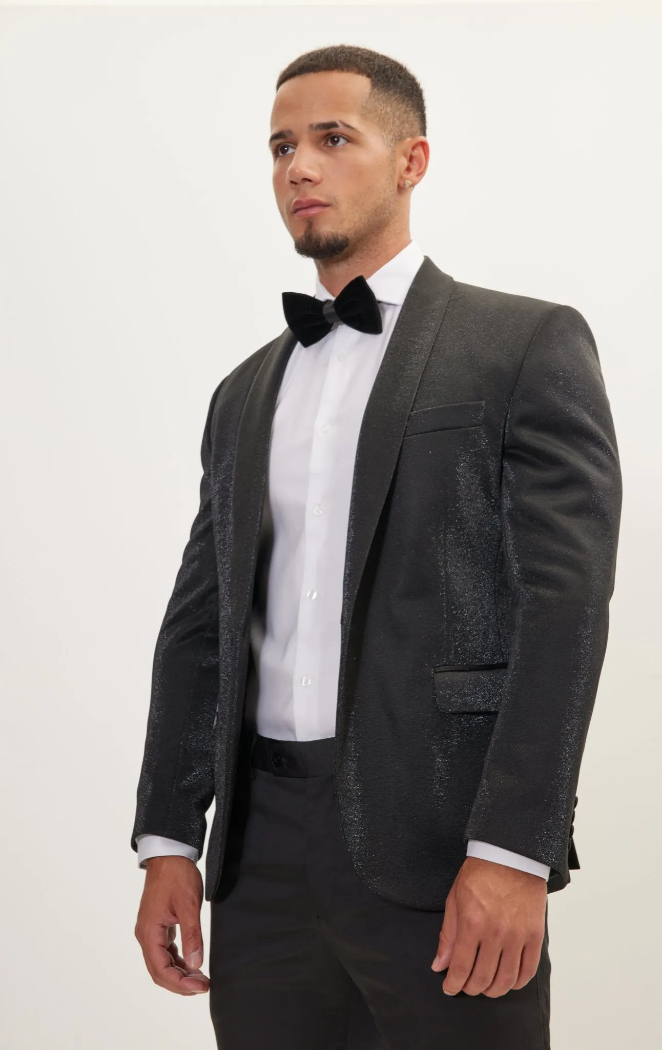 Metallic Sparkle Shawl Lapel Tuxedo Jacket - Black