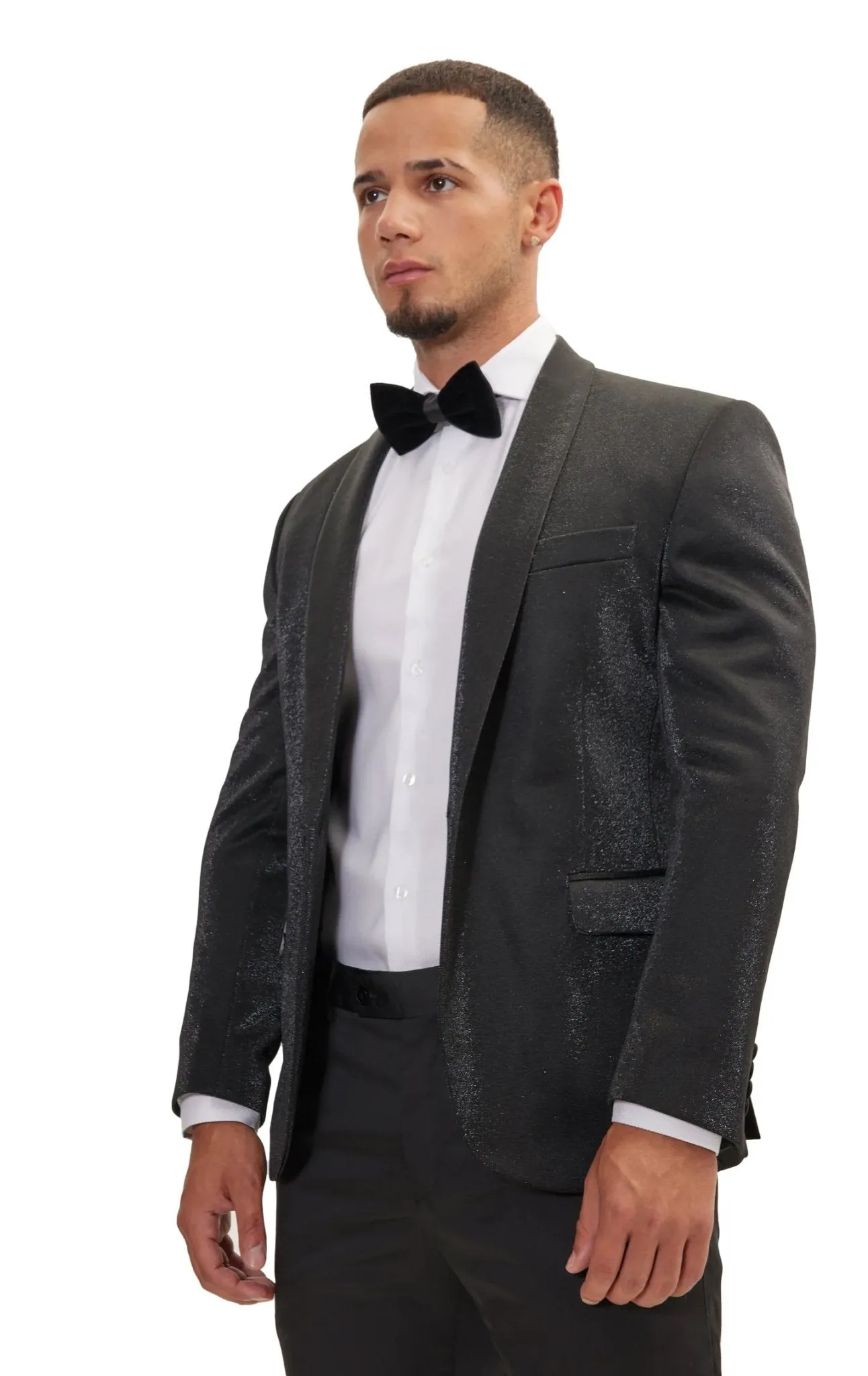 Metallic Sparkle Shawl Lapel Tuxedo Jacket - Black