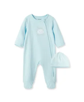 New Blue Welcome to the World 2-Way-Zip Footed One-Piece & Hat