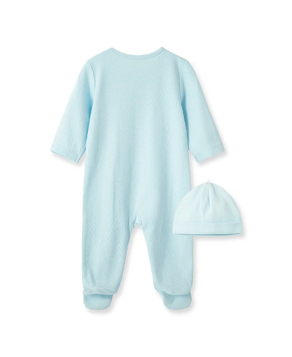 New Blue Welcome to the World 2-Way-Zip Footed One-Piece & Hat