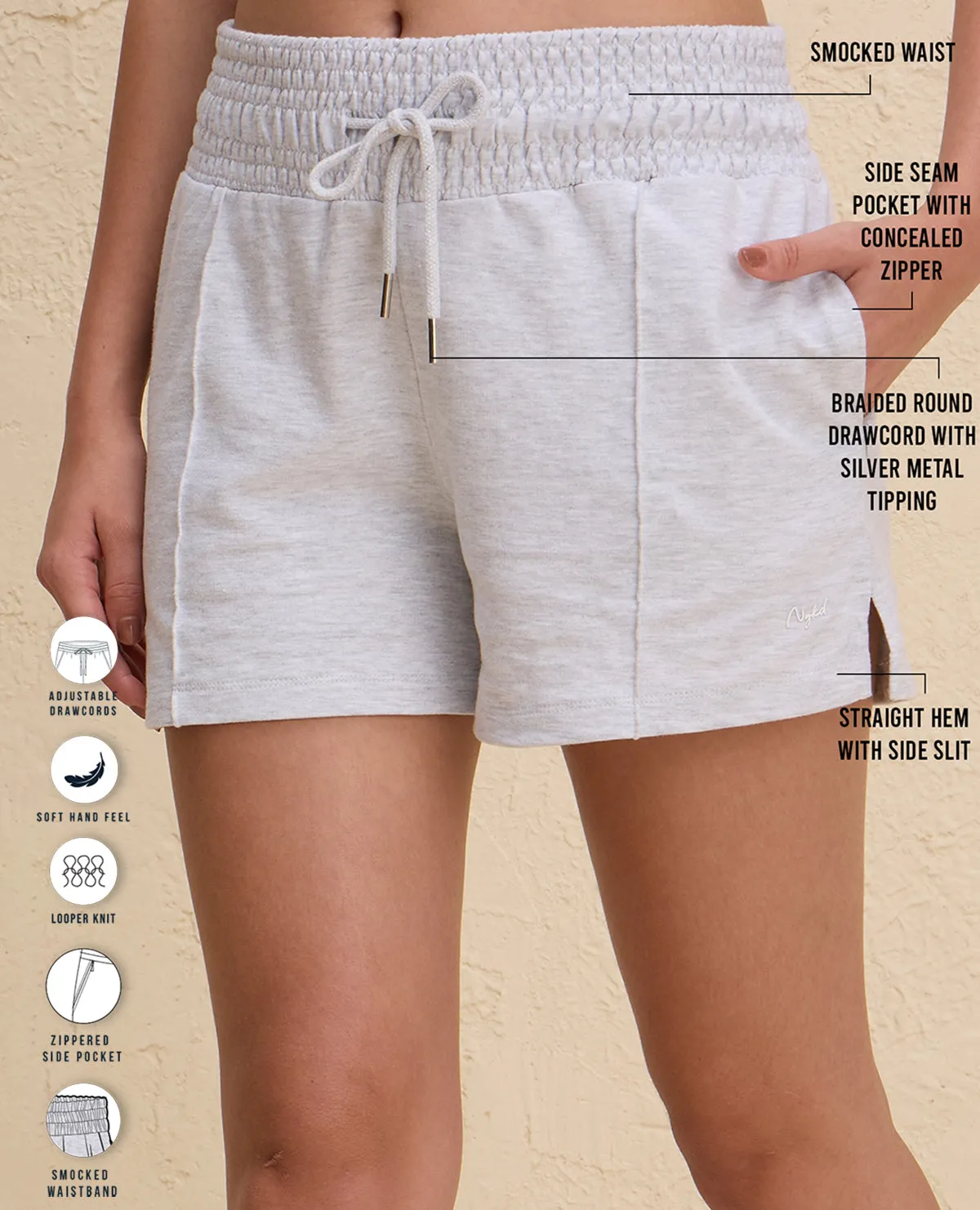 Nykd By Nykaa Summer Essential Smocked Waist Lounge Cotton Terry Shorts -NYLE603-Grey Melange