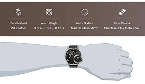 OLMPro™ Men's BIG Face Leather Analog Dress Watch - Dual Time Zones, Quartz