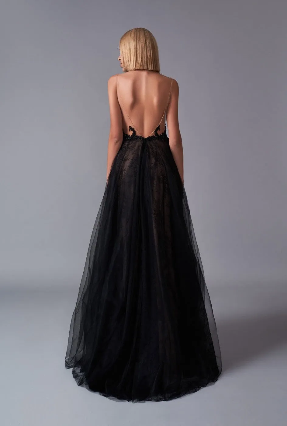 Onyx - Black Lace Gown with Open Back