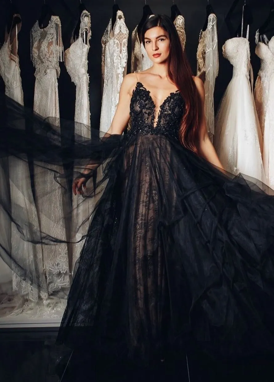 Onyx - Black Lace Gown with Open Back