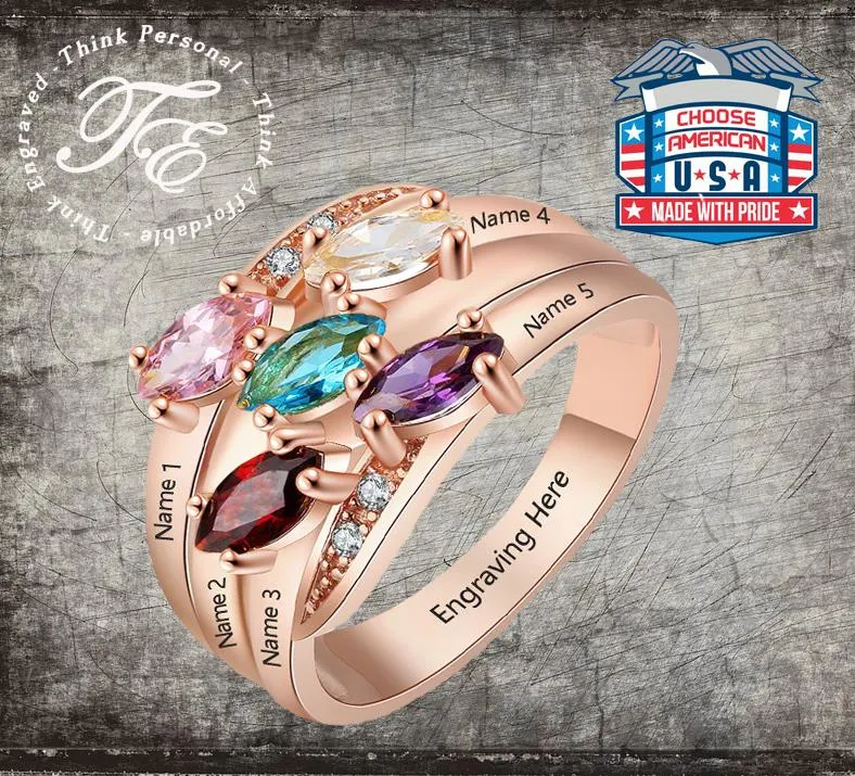 Personalized Mother's Ring 5 Marquis Birthstones Rose Gold IP