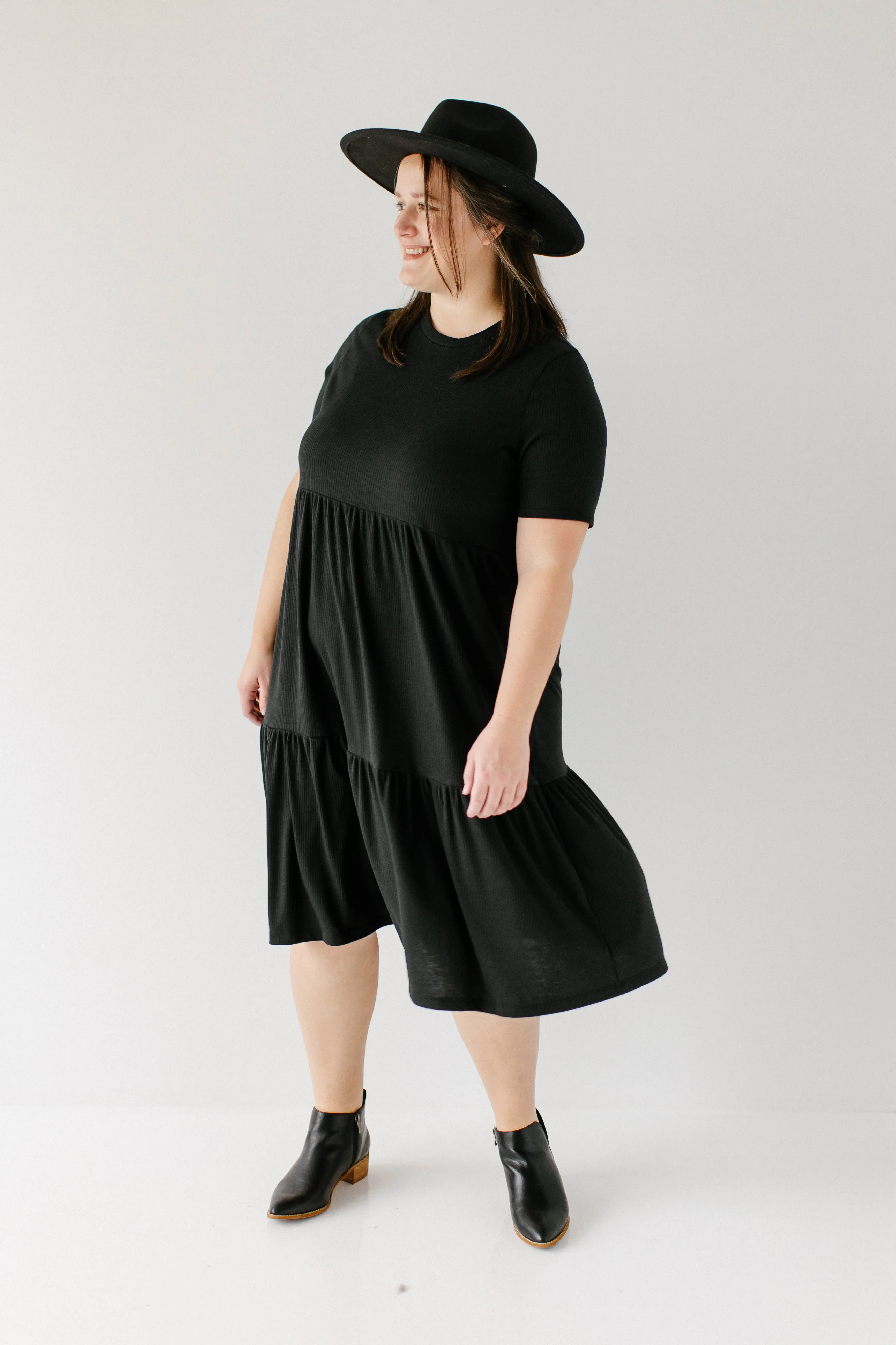 Plus 'Josie' Ribbed Tiered Midi Dress in Black