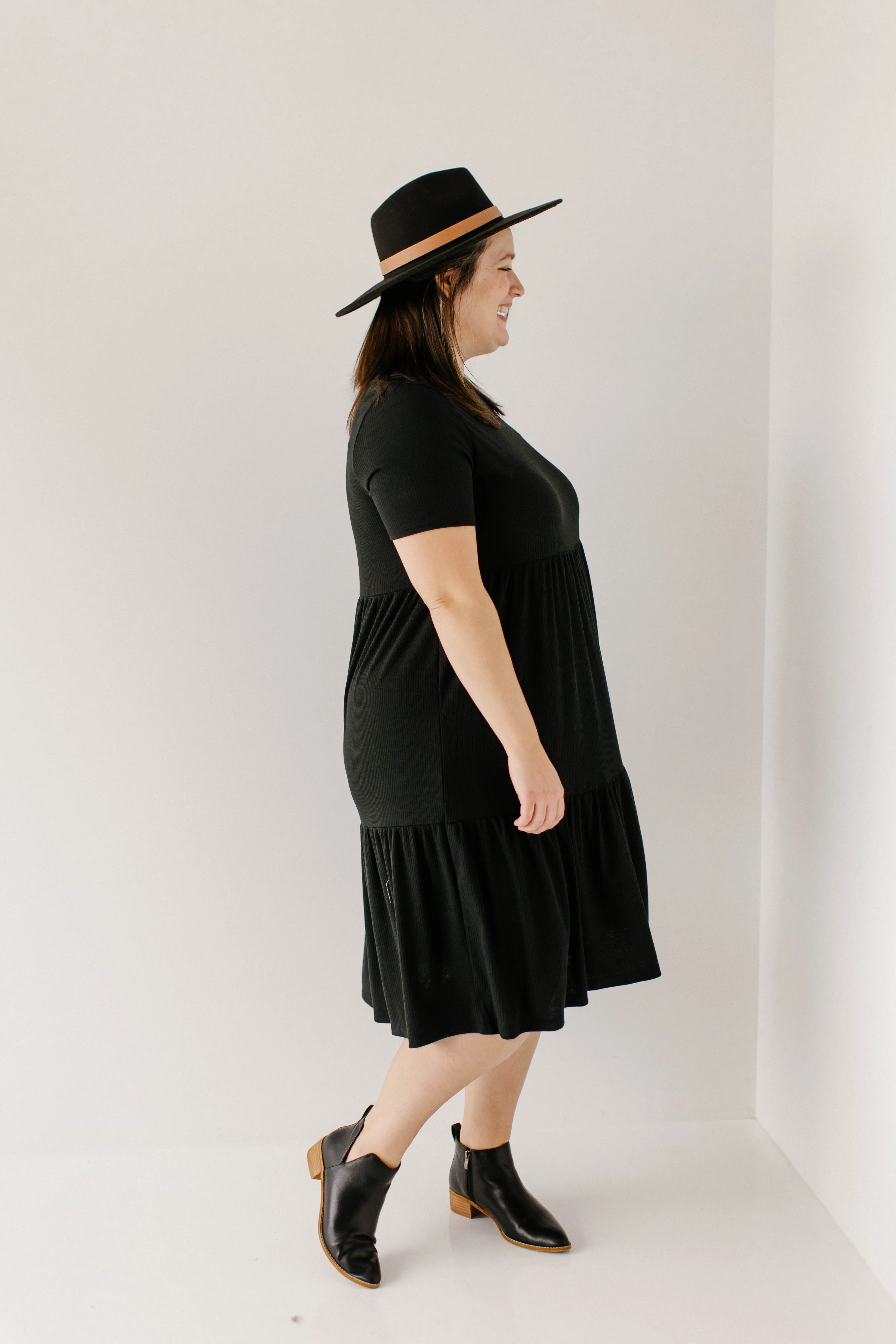 Plus 'Josie' Ribbed Tiered Midi Dress in Black