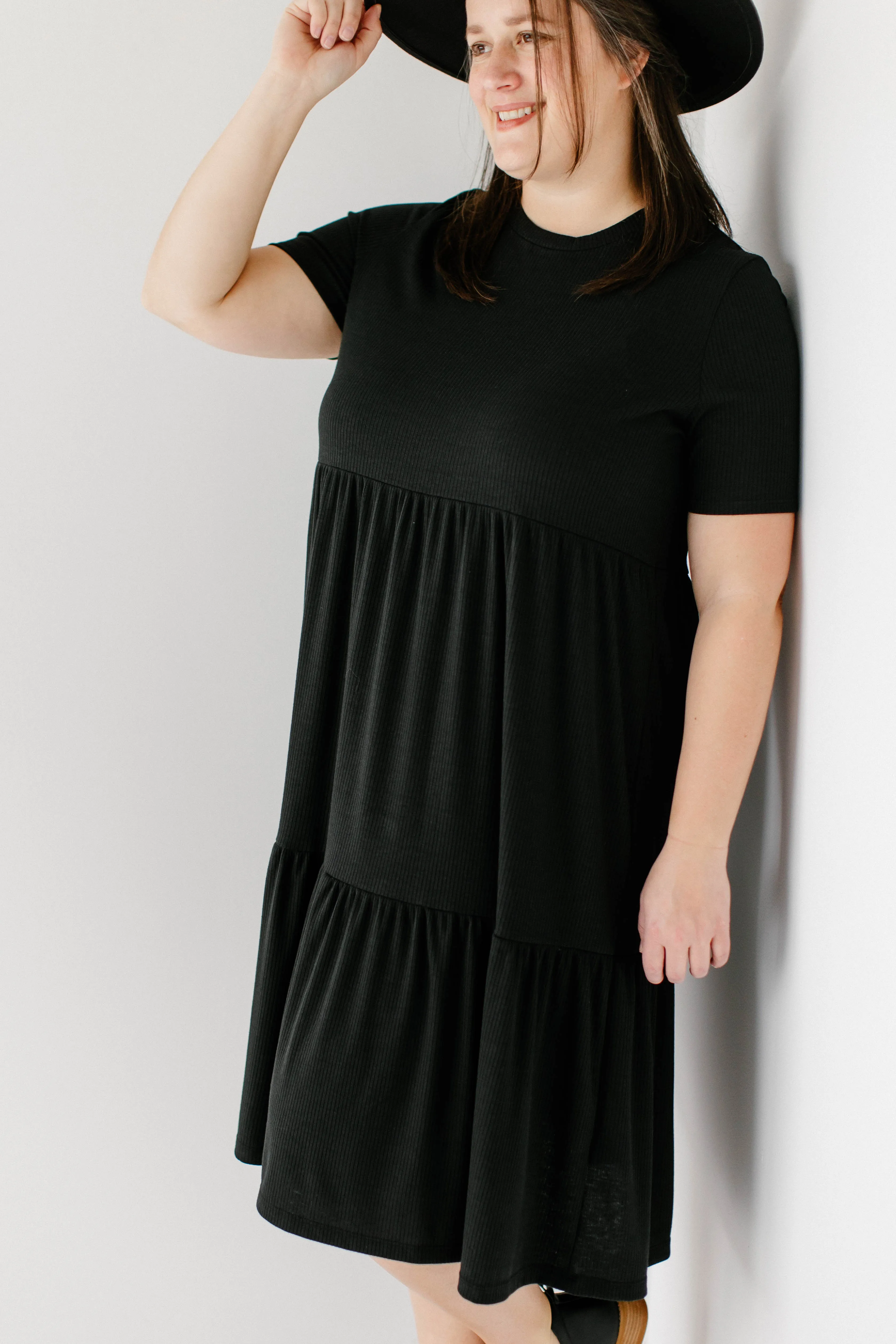 Plus 'Josie' Ribbed Tiered Midi Dress in Black