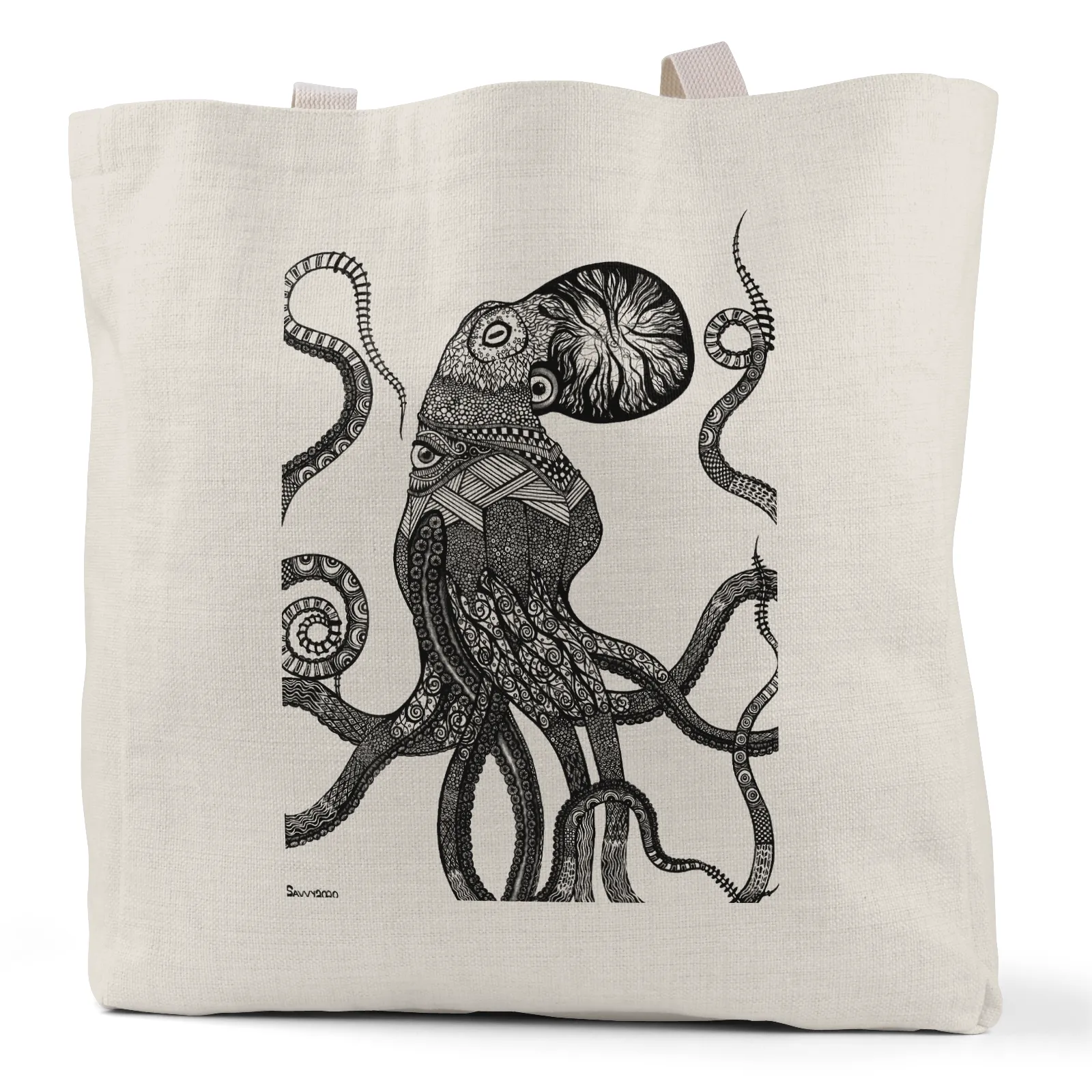 "Ocular Octopus" (Black/White Version) - Small/Large Linen Tote