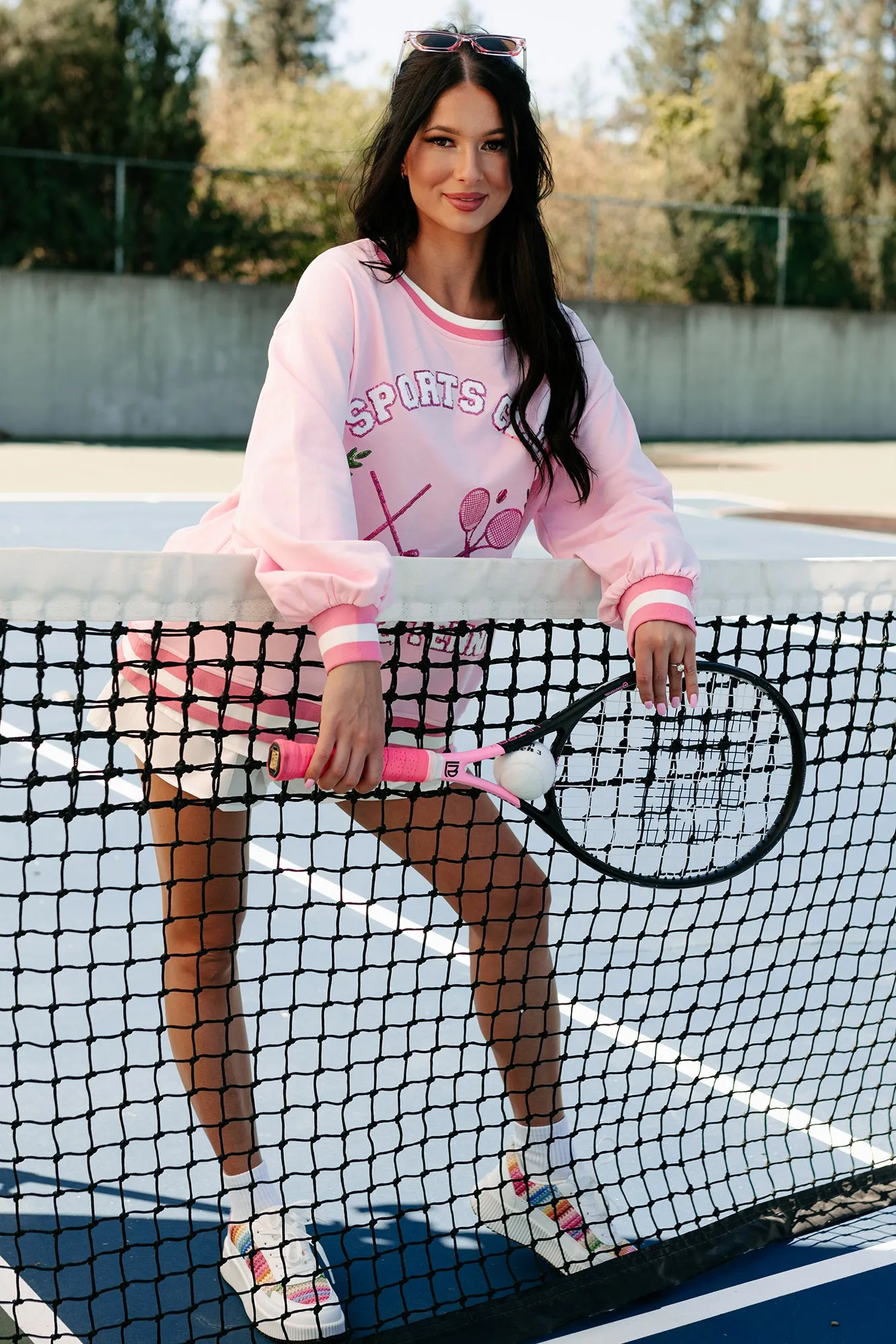 "Sports Club" Sequin Patch Sweatshirt (Light Pink)